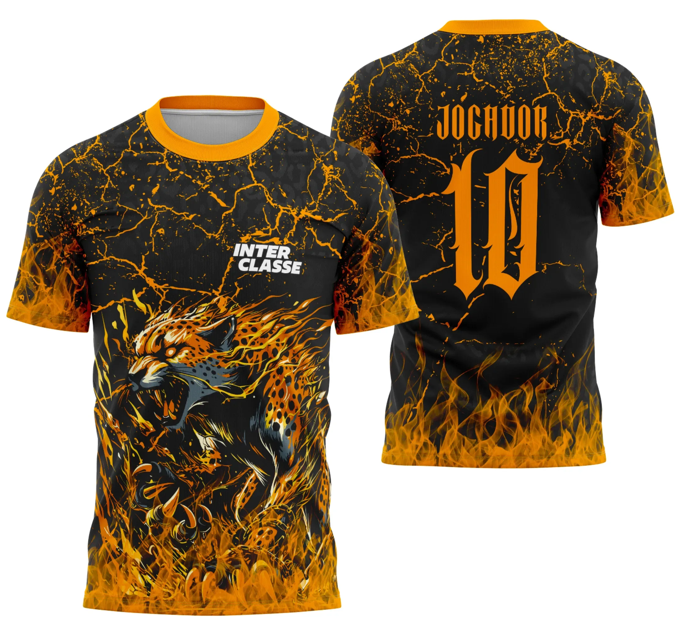 Camiseta unissex preta com logo no peito e estampa grande nas costas que exibe um leopardo dourado em design premium, destacando força e estilo para fãs de animais selvagens.