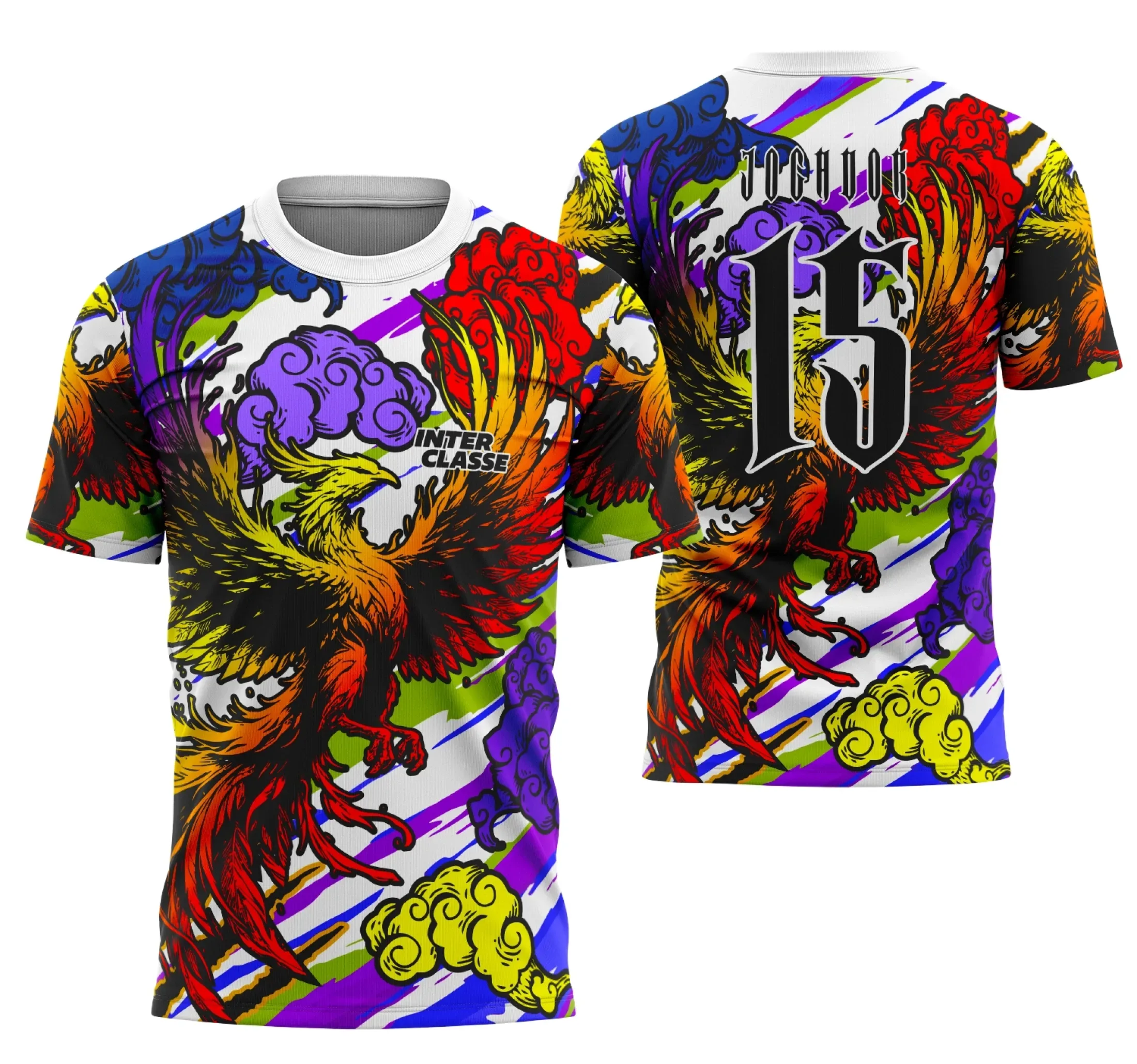 Camiseta unissex preta com logo no peito e estampa grande nas costas, mostrando o tema Interclasse Fênix em gradiente vibrante e design premium exclusivo.