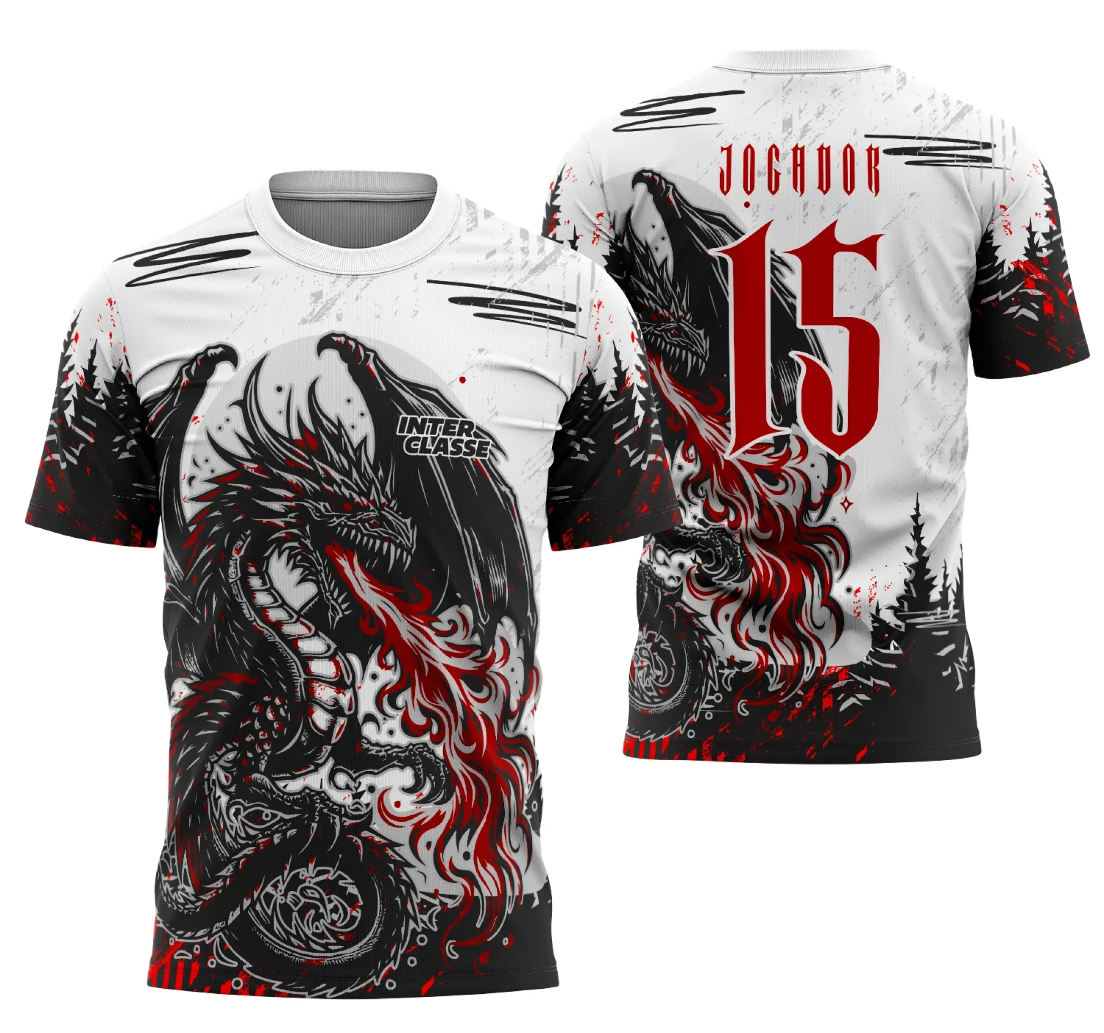 Camiseta unissex preta com logo no peito e estampa grande nas costas mostrando o Dragão Negro em chamas, estilo poderoso e marcante para fãs de interclasse 2025.