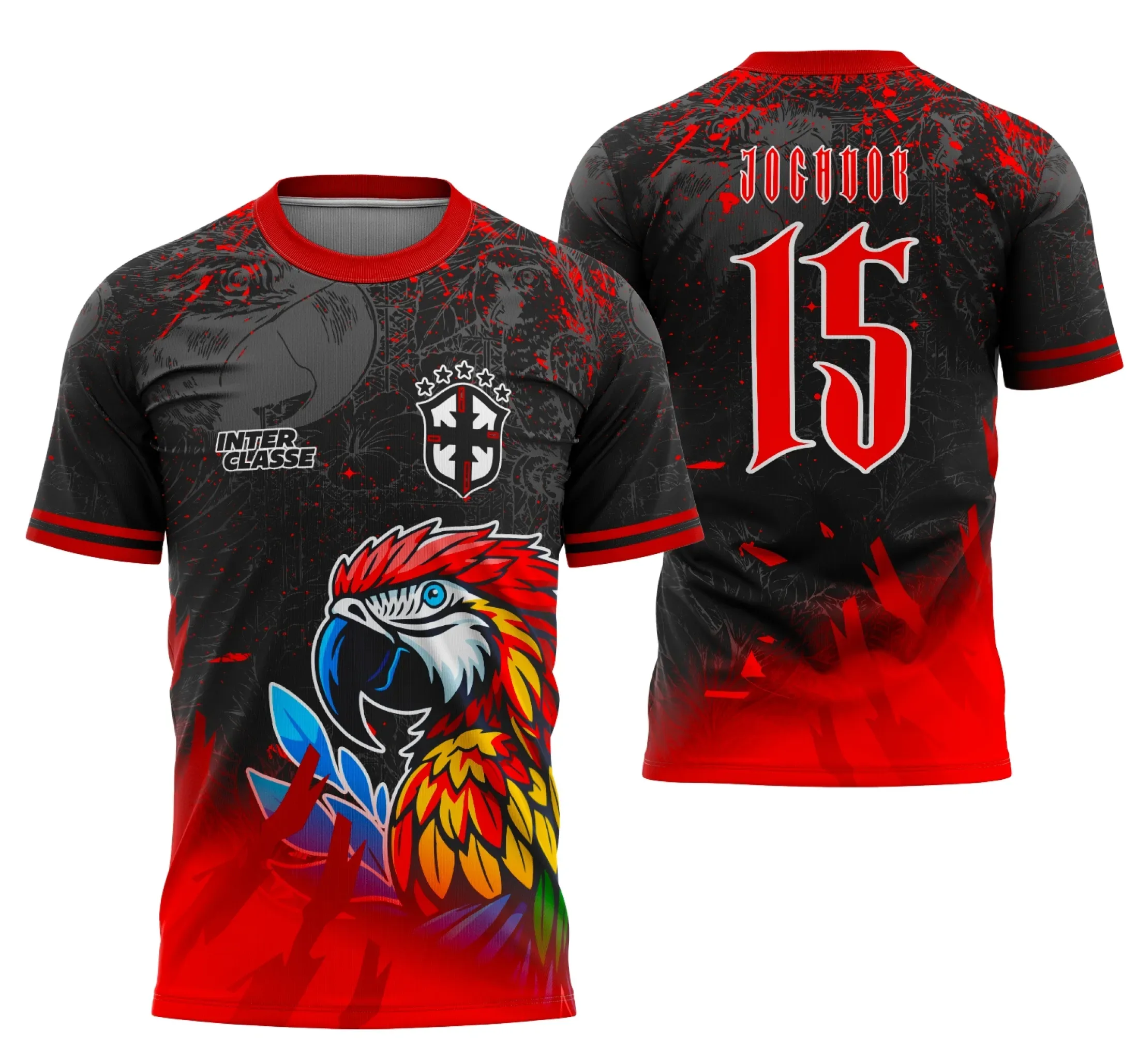 Camiseta unissex preta com logo no peito e estampa grande nas costas destacando o tema Interclasse Arara Vermelha 2025, visual moderno e marcante.