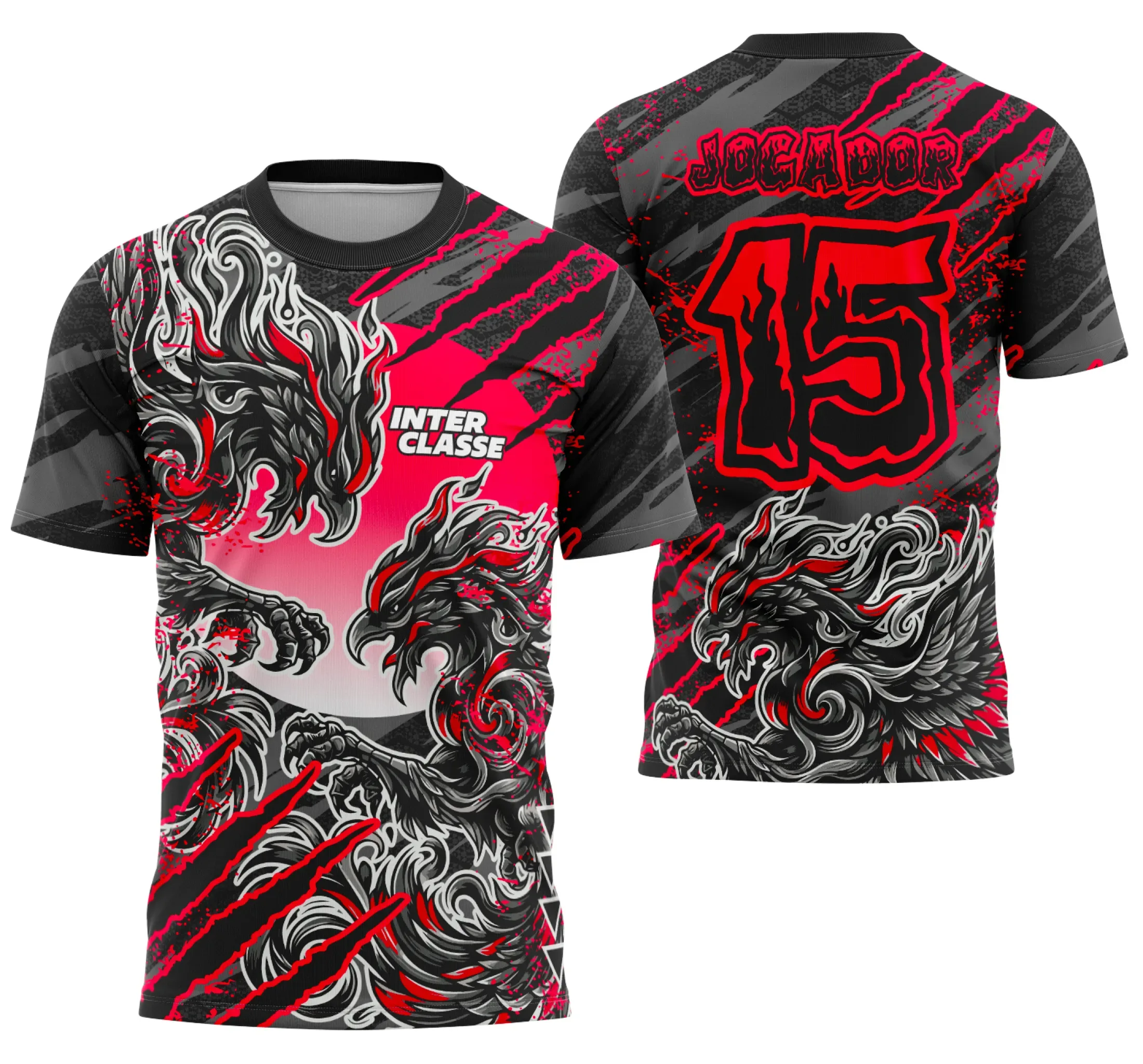 Camiseta unissex preta com logo no peito e estampa grande nas costas mostrando design exclusivo do Interclasse Fênix Dupla 2026, ideal para quem busca estilo e identidade em eventos.