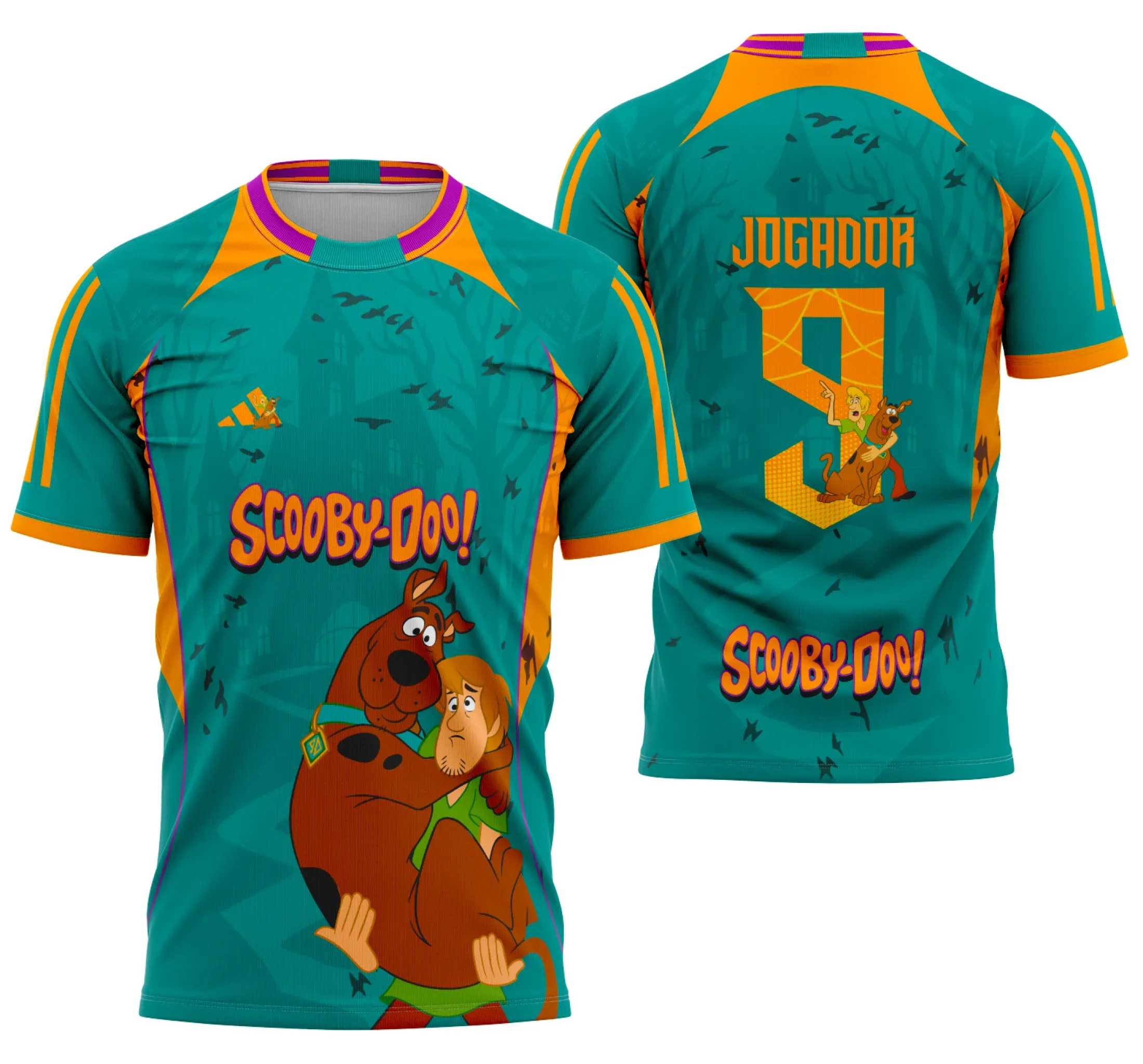 Camiseta unissex branca com logo no peito e estampa grande nas costas inspirada em Scooby-Doo, perfeita para eventos e uso casual.