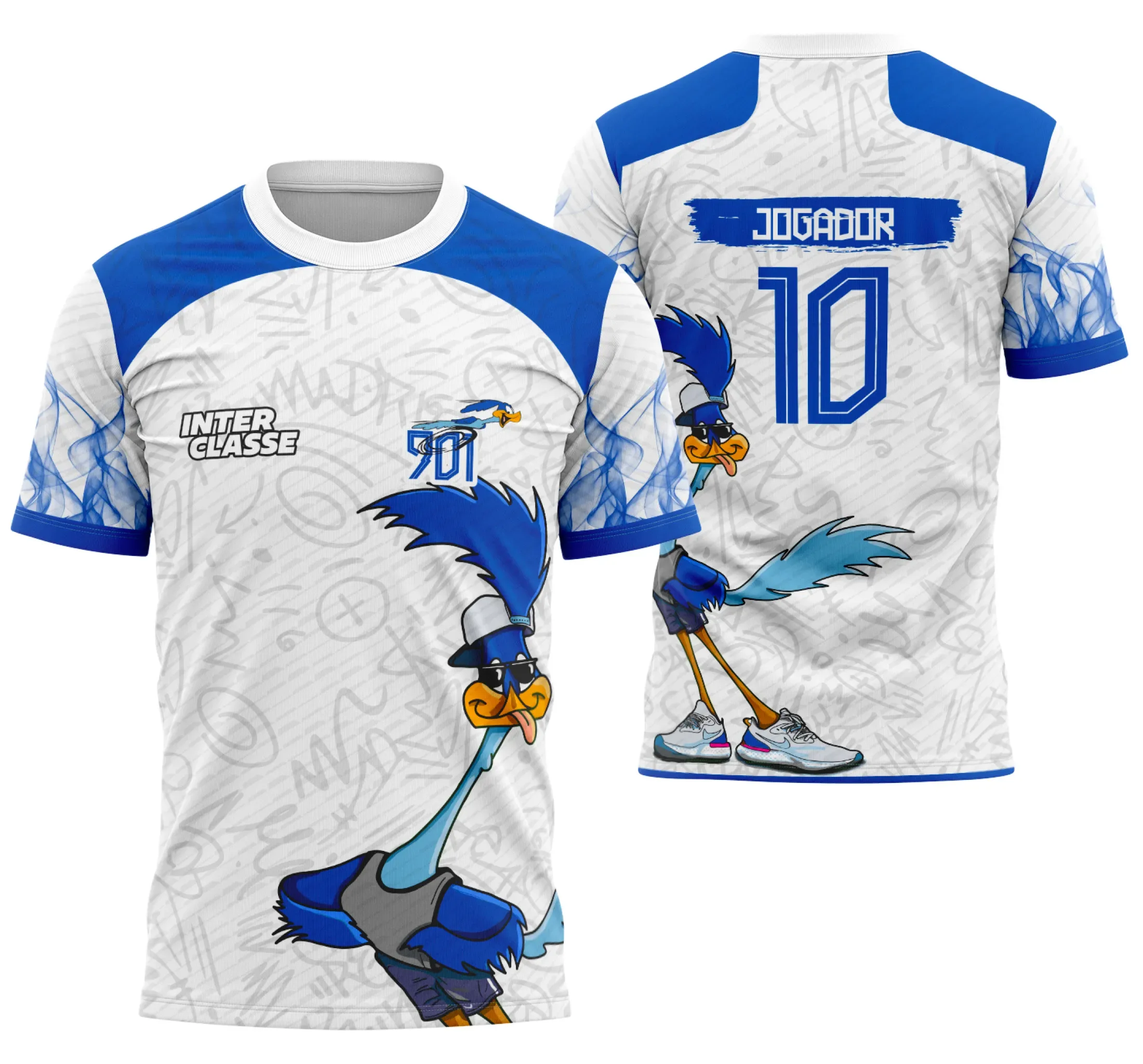 Camiseta unissex branca com logo no peito e estampa grande nas costas do personagem Papa-Léguas, perfeita para sublimar e usar em eventos interclasse com design exclusivo e vibrante.