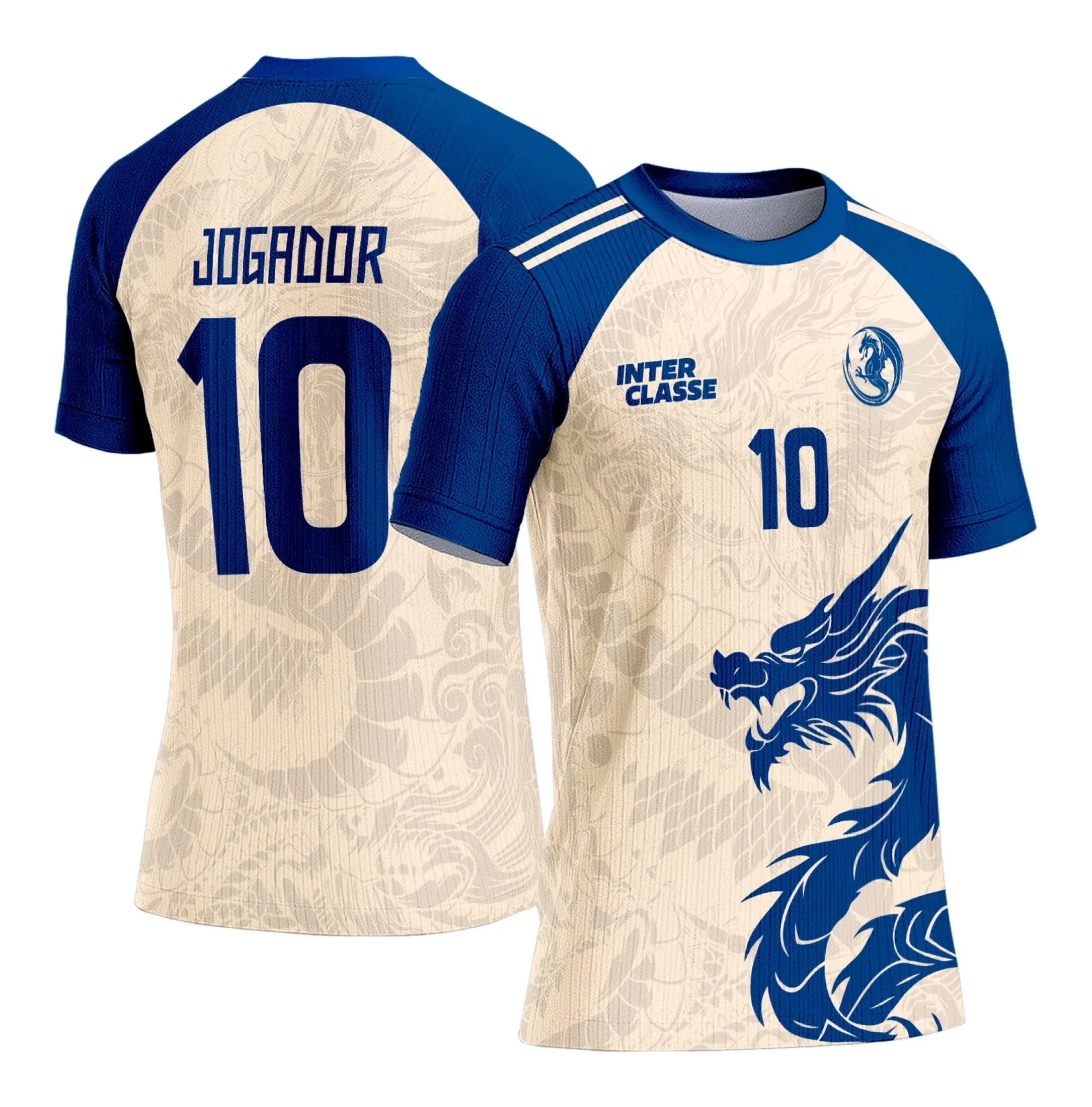 Camiseta unissex preta com logo no peito e estampa grande nas costas de dragão azul em estilo interclasse, perfeita para quem busca design impactante e moderno.