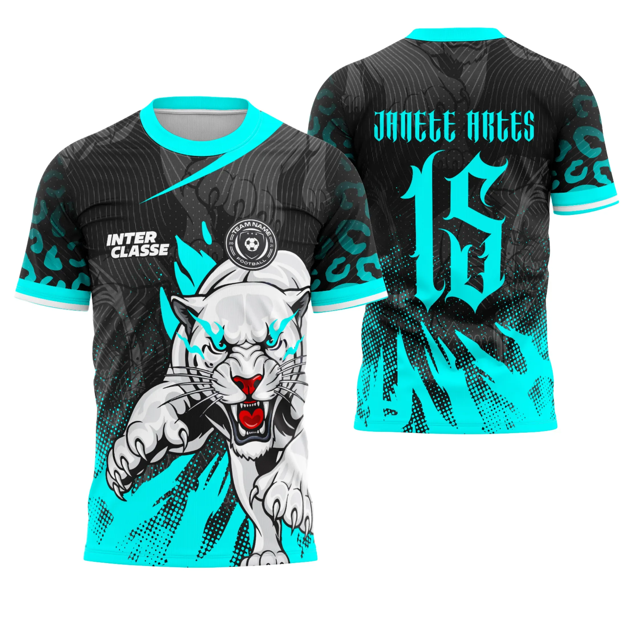 Camiseta unissex preta com logo no peito e estampa grande nas costas do tema Futebol Interclasse Pantera Polar 2025.