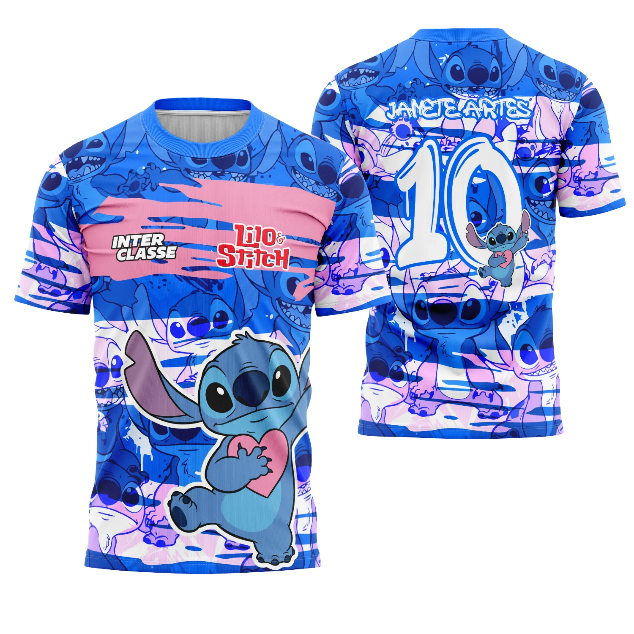 Camiseta unissex preta com logo no peito e estampa grande nas costas, temática Futebol Interclasse Stitch 2025, design moderno e esportivo.