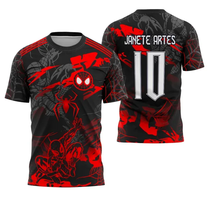 Camiseta unissex preta com logo no peito e estampa grande nas costas do Homem Aranha, tema Futebol Interclasse 2025, perfeita para fãs e eventos esportivos.