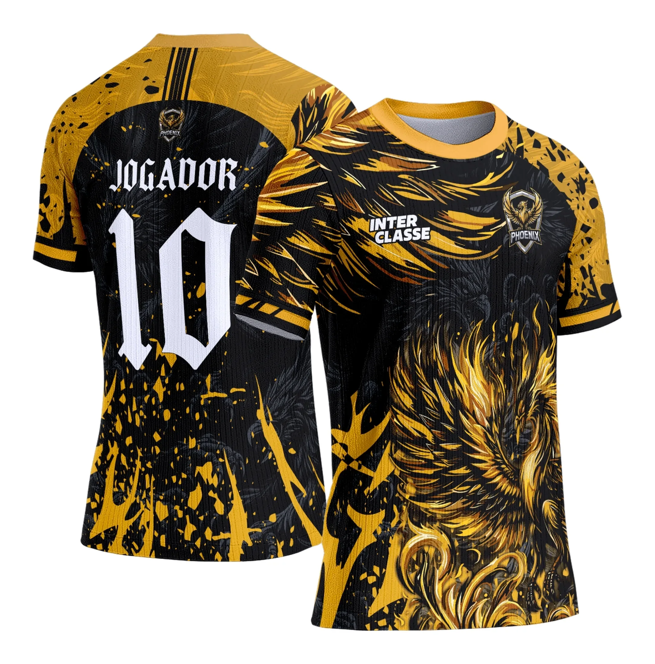 Camiseta unissex preta com logo no peito e estampa grande nas costas do Interclasse Fênix Amarela 2026, design moderno e vibrante para ocasiões esportivas e escolares.