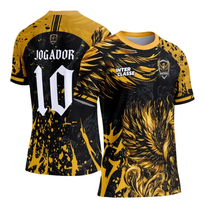 Camiseta unissex preta com logo no peito e estampa grande nas costas do Interclasse Fênix Amarela 2026, design moderno e vibrante para ocasiões esportivas e escolares.