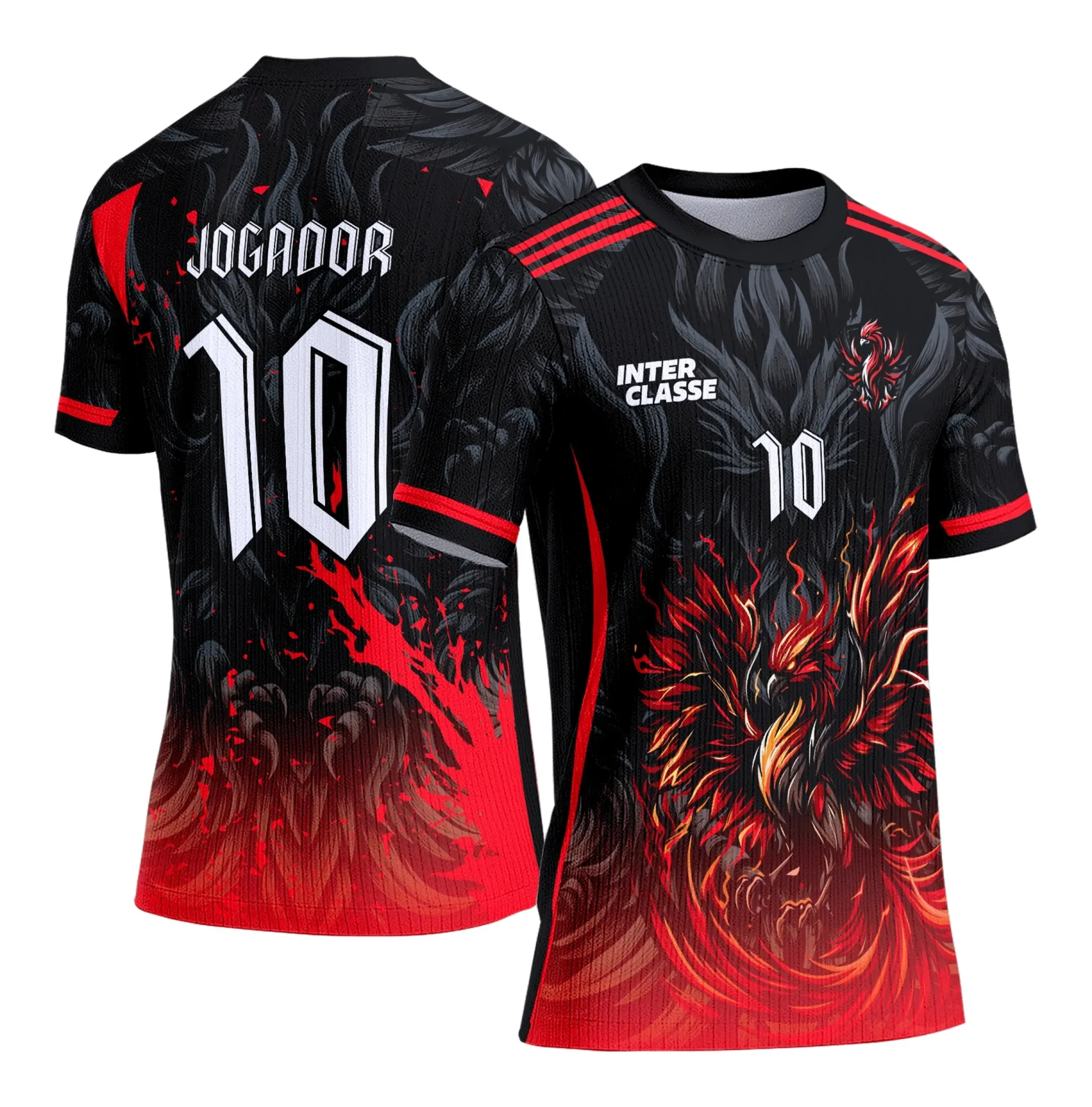 Camiseta unissex preta com logo no peito e estampa grande nas costas mostrando uma Fênix Vermelha vibrante, tema Interclasse 2025.