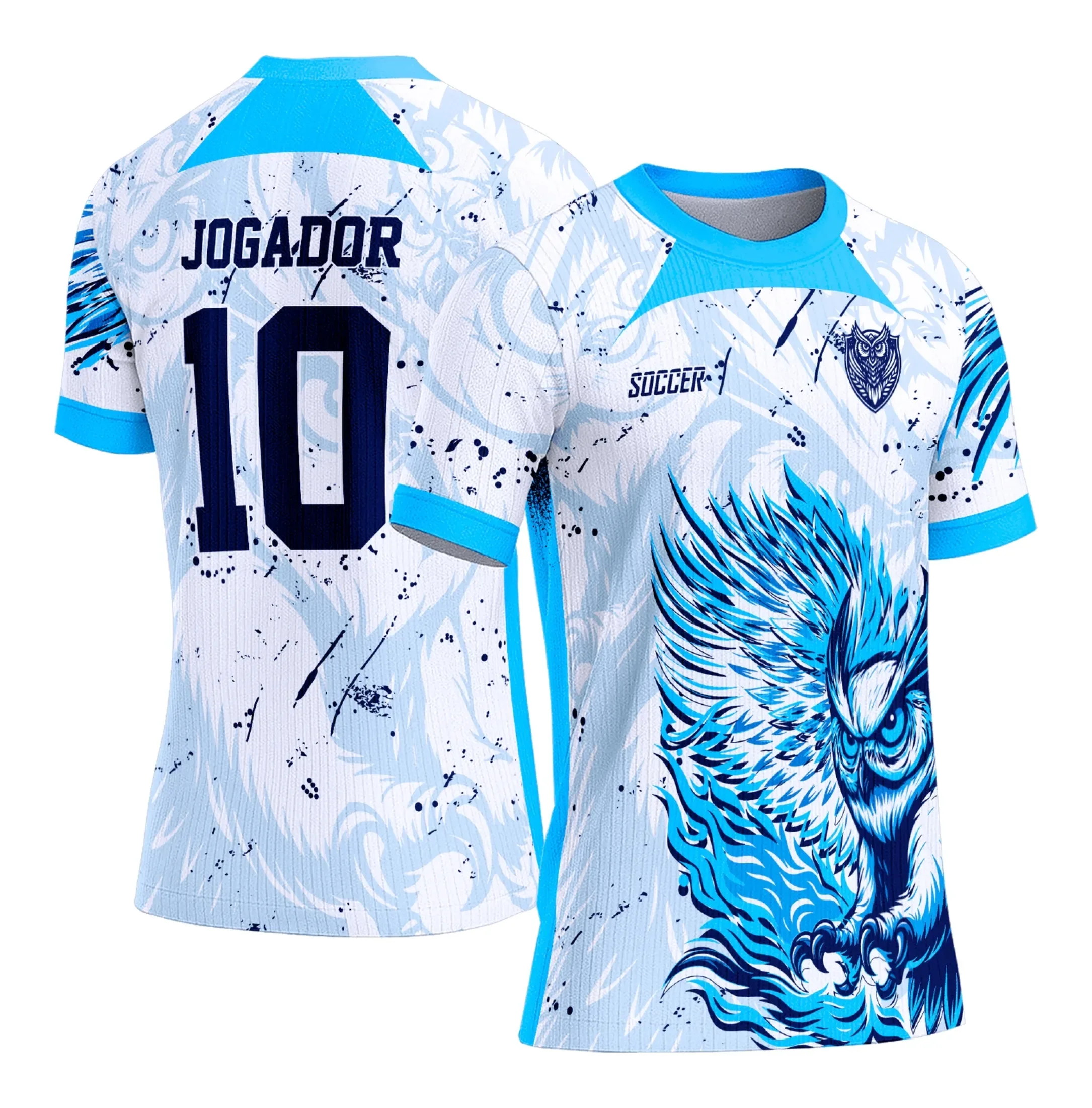 Foto de camiseta unissex preta com logo no peito e estampa grande nas costas com tema Coruja Azul, ideal para interclasse, estilo moderno e casual.