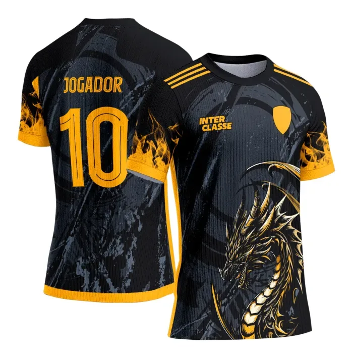 Camiseta unissex preta com logo no peito e estampa grande nas costas do Dragão Amarelo 2025, com design vibrante e moderno para Interclasse.