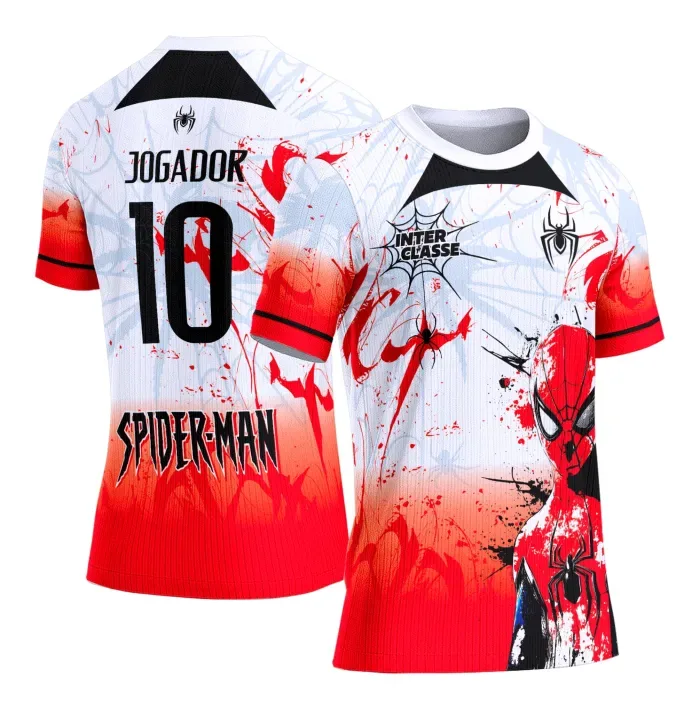 Camiseta unissex branca com logo no peito e estampa grande nas costas inspirada em Homem Aranha, combinando vermelho e branco para quem busca estilo e autenticidade.