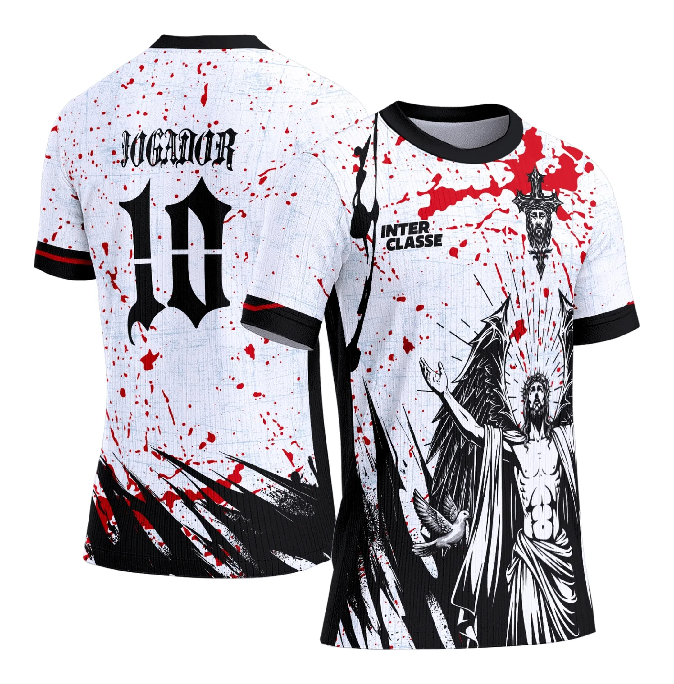 Camiseta unissex branca com logo no peito e estampa grande nas costas do tema Interclasse Cristo Branco, perfeita para eventos e uso casual.