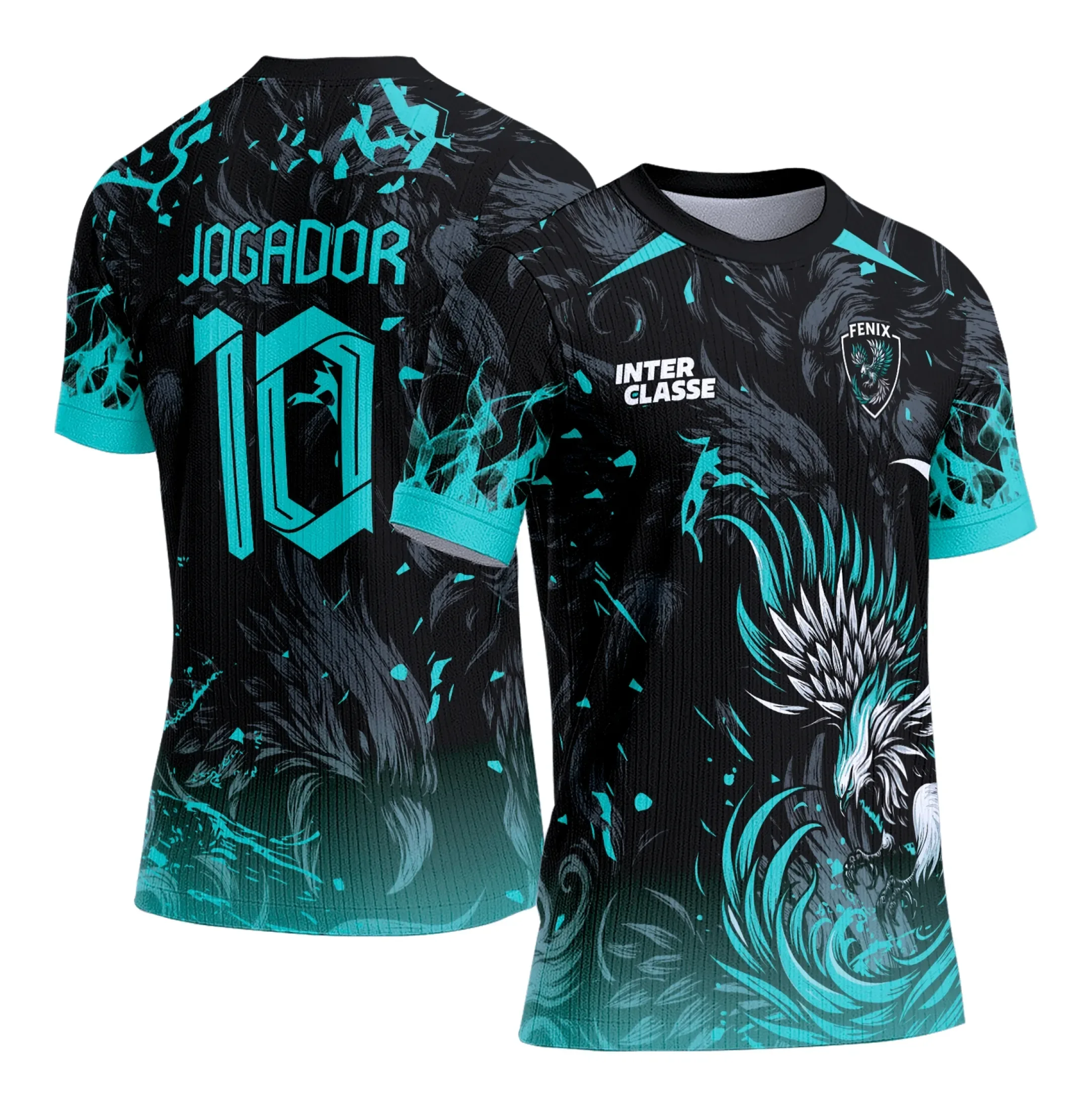 Camiseta unissex preta com logo no peito e estampa grande nas costas mostrando a Fênix Turquesa do Interclasse, ideal para eventos e grupos escolares vibrantes.