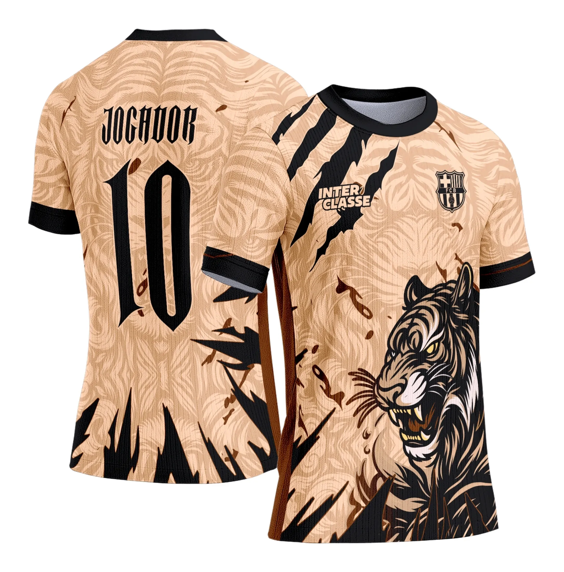 Camiseta unissex preta com logo no peito e estampa grande nas costas mostrando tigre em tons bege, perfeita para quem busca um visual forte e estiloso em eventos escolares.