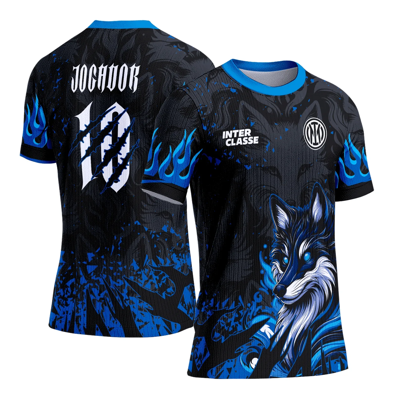 Camiseta unissex preta com logo no peito e estampa grande nas costas, apresentando design de lobo e raposa em tons de azul, estilo interclasse moderno e impactante.