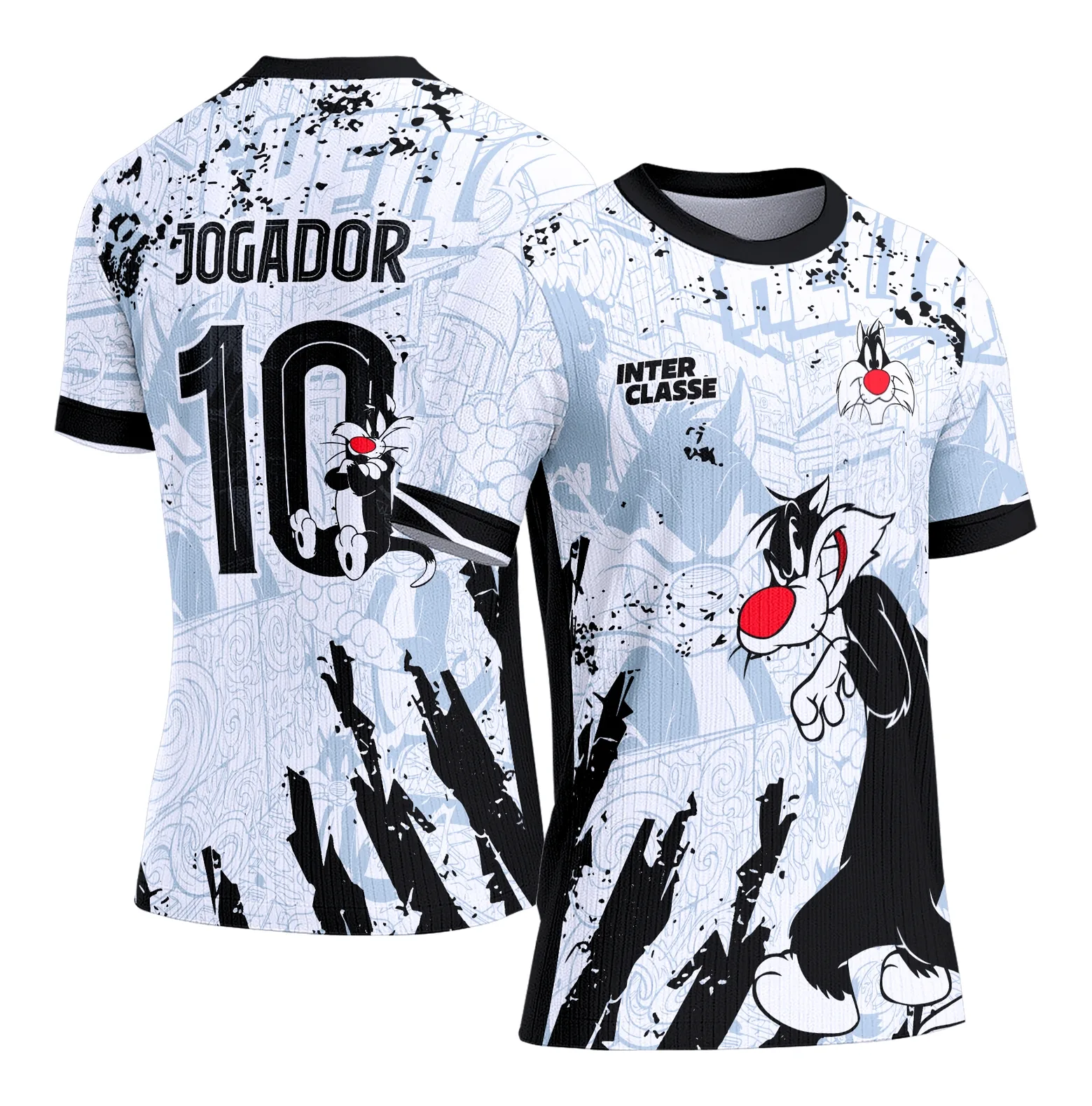 Camiseta unissex preta com logo no peito e estampa grande nas costas do Gato Frajola em estilo divertido e clássico, perfeita para quem ama personagens marcantes e conforto no visual.