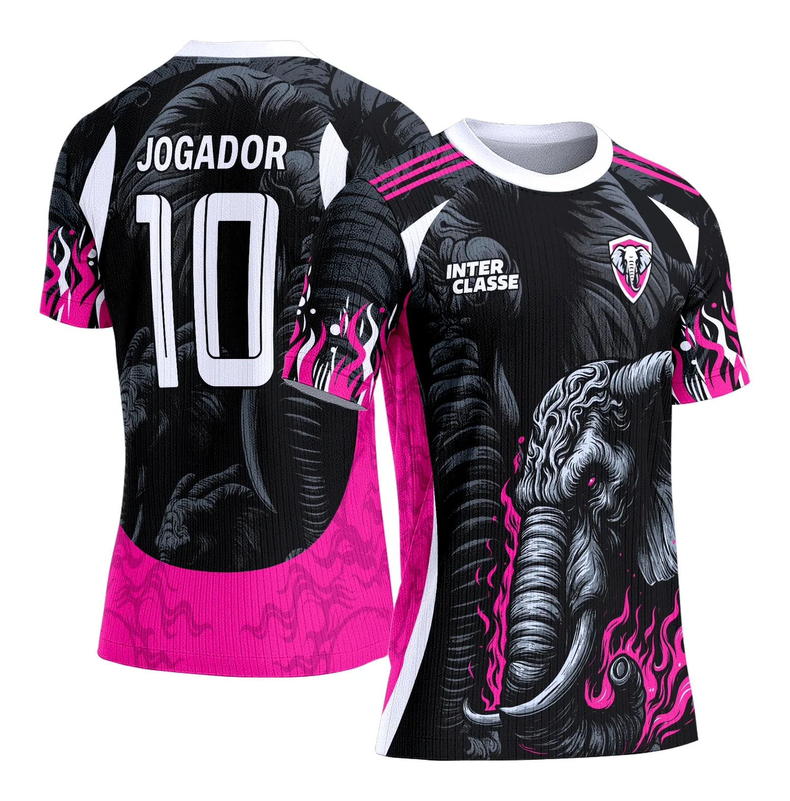 Camiseta unissex preta com logo no peito e estampa grande nas costas mostrando elefante rosa com preto, estilo interclasse casual e moderna.