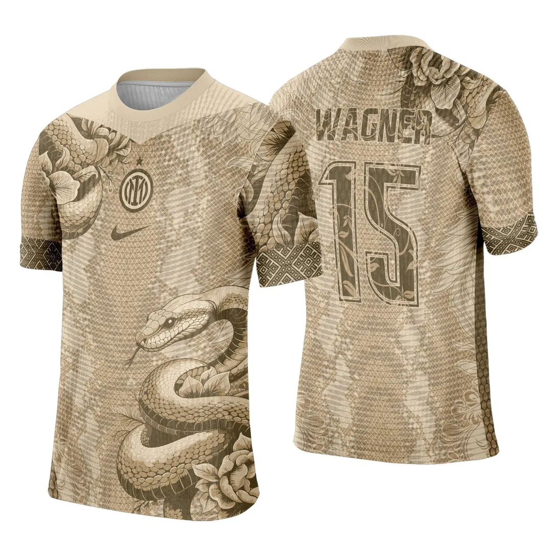 Camiseta unissex branca com logo no peito e estampa grande nas costas apresentando cobra bege estilizada no tema Interclasse Cobra Bege 2025.