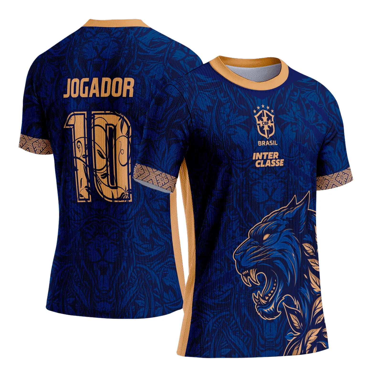 Camiseta unissex preta com logo no peito e estampa grande nas costas da Pantera Negra em azul com dourado, design vibrante para o Interclasse 2025.