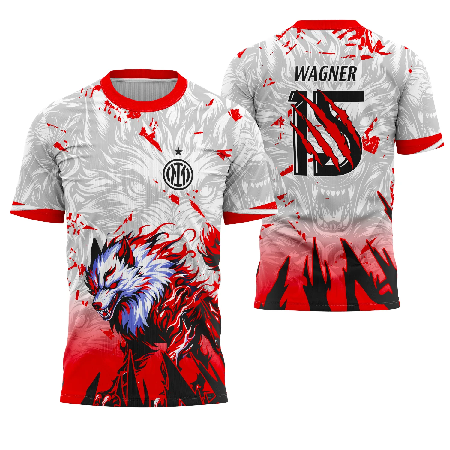 Camiseta unissex preta com logo no peito e estampa grande nas costas destacando um lobo vermelho, ideal para equipe interclasse 2025, visual moderno e marcante.