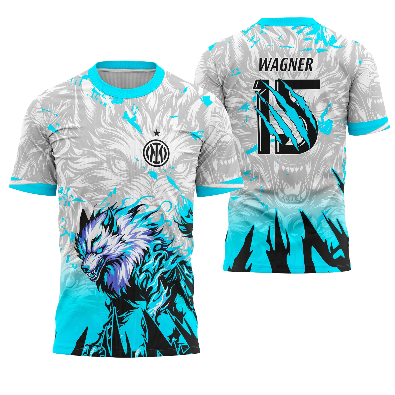 Camiseta unissex preta com logo no peito e estampa grande nas costas, tema Interclasse Lobo Azul 2025, estilo marcante e moderno para uso casual.