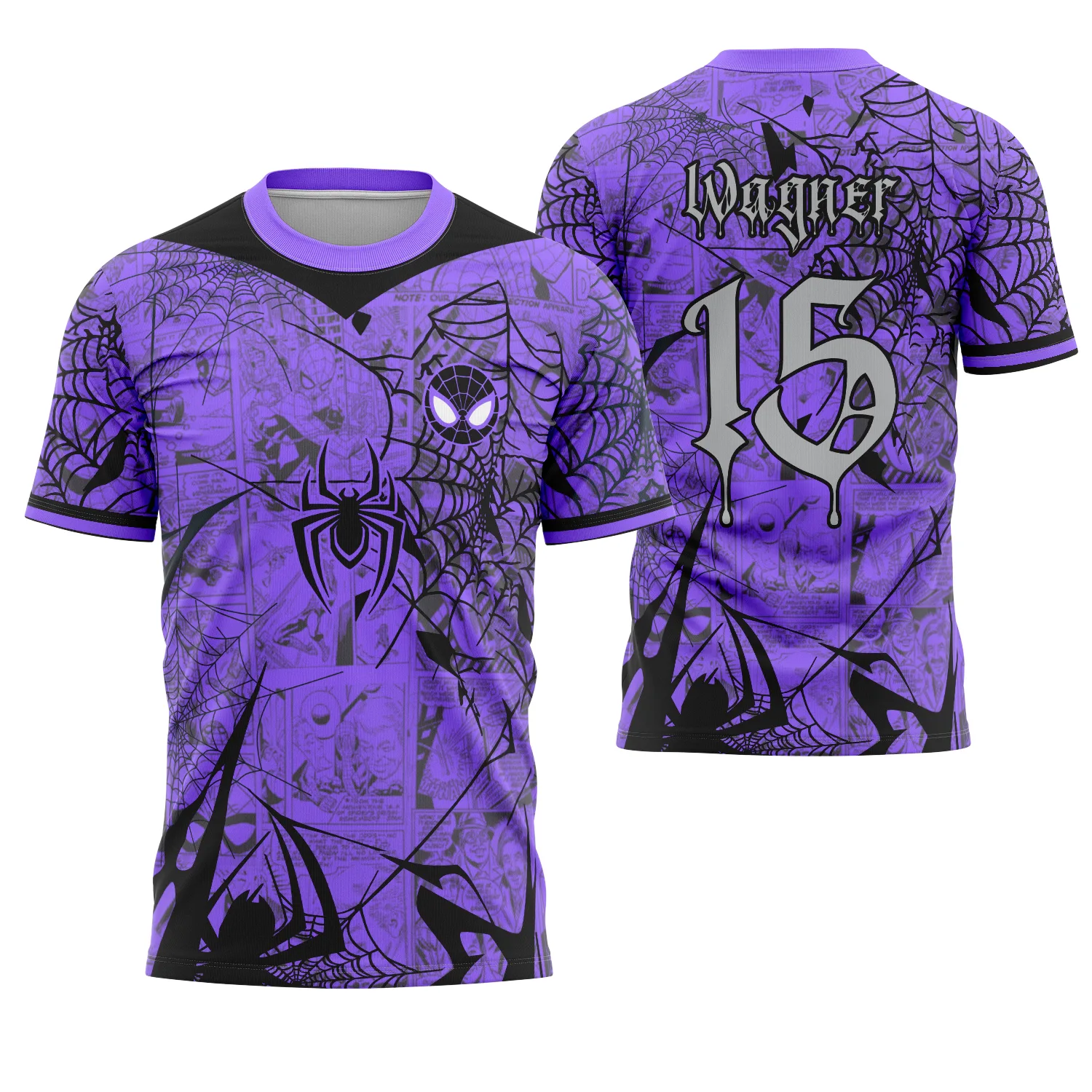 Camiseta unissex preta com logo no peito e estampa grande nas costas do Homem-Aranha Spider-Man 2025, mostrando design marcante e moderno perfeito para fãs do personagem.