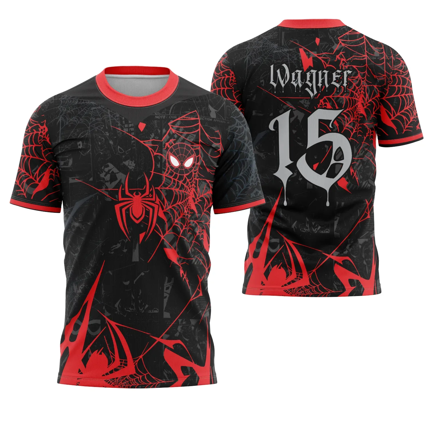 Camiseta preta unissex com logo no peito e estampa grande nas costas do Homem Aranha Spider-Man 2025, ideal para fãs e eventos interclasse, destacando o estilo jovem e vibrante.