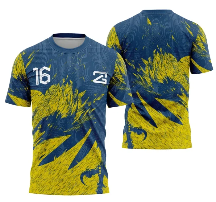 Camiseta unissex preta com logo no peito e estampa grande nas costas representando a Aguila Coleção Interclasse, estilo moderno e vibrante para eventos escolares e esportivos.