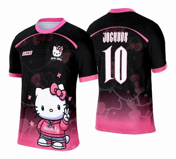 Camiseta unissex preta com logo no peito e estampa grande nas costas da Hello Kitt 2025, ideal para eventos interclasse e uso casual.