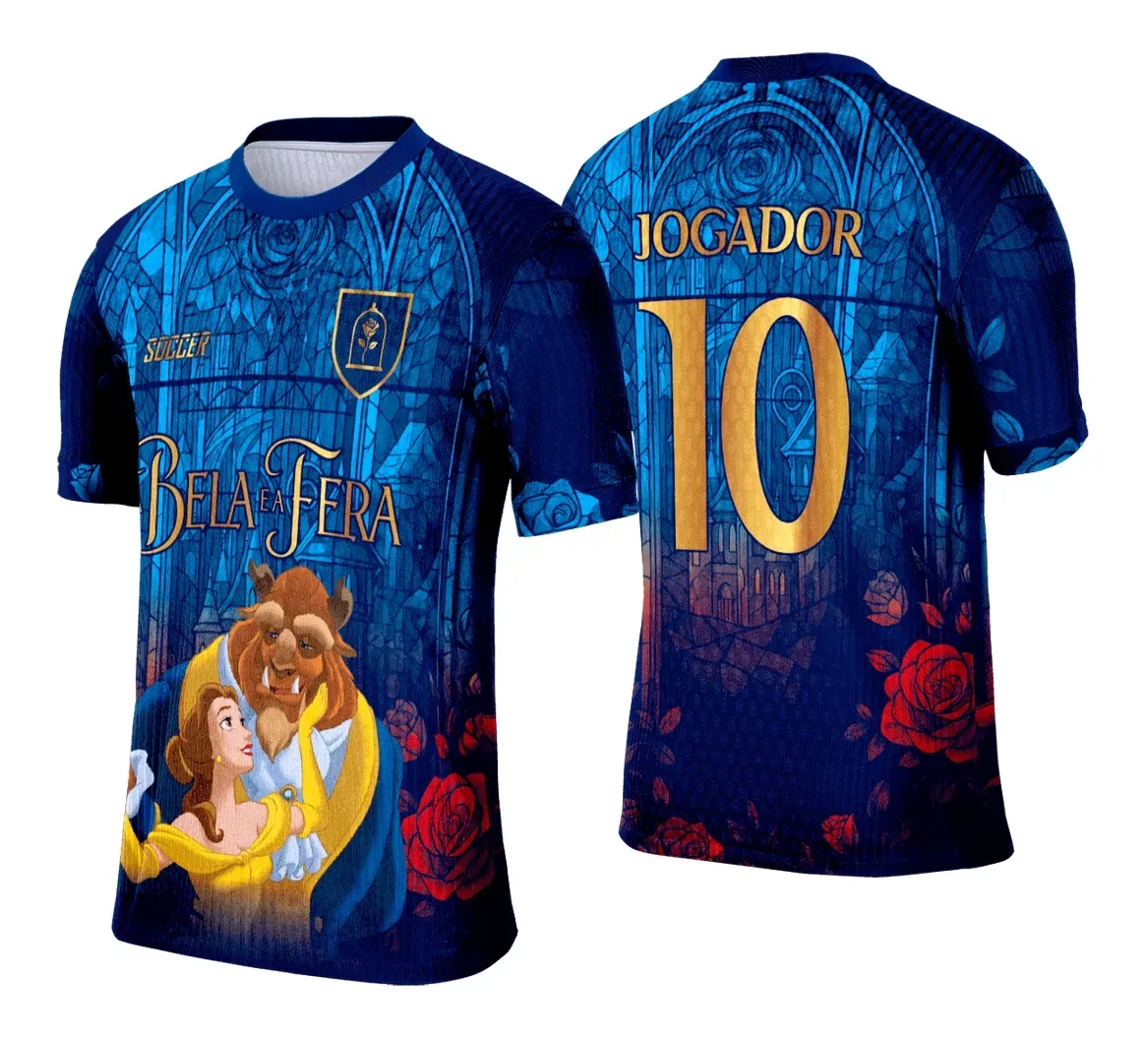 Camiseta unissex preta com logo no peito e estampa grande nas costas inspirada em A Bela e a Fera, design vibrante ideal para fãs e evento interclasse