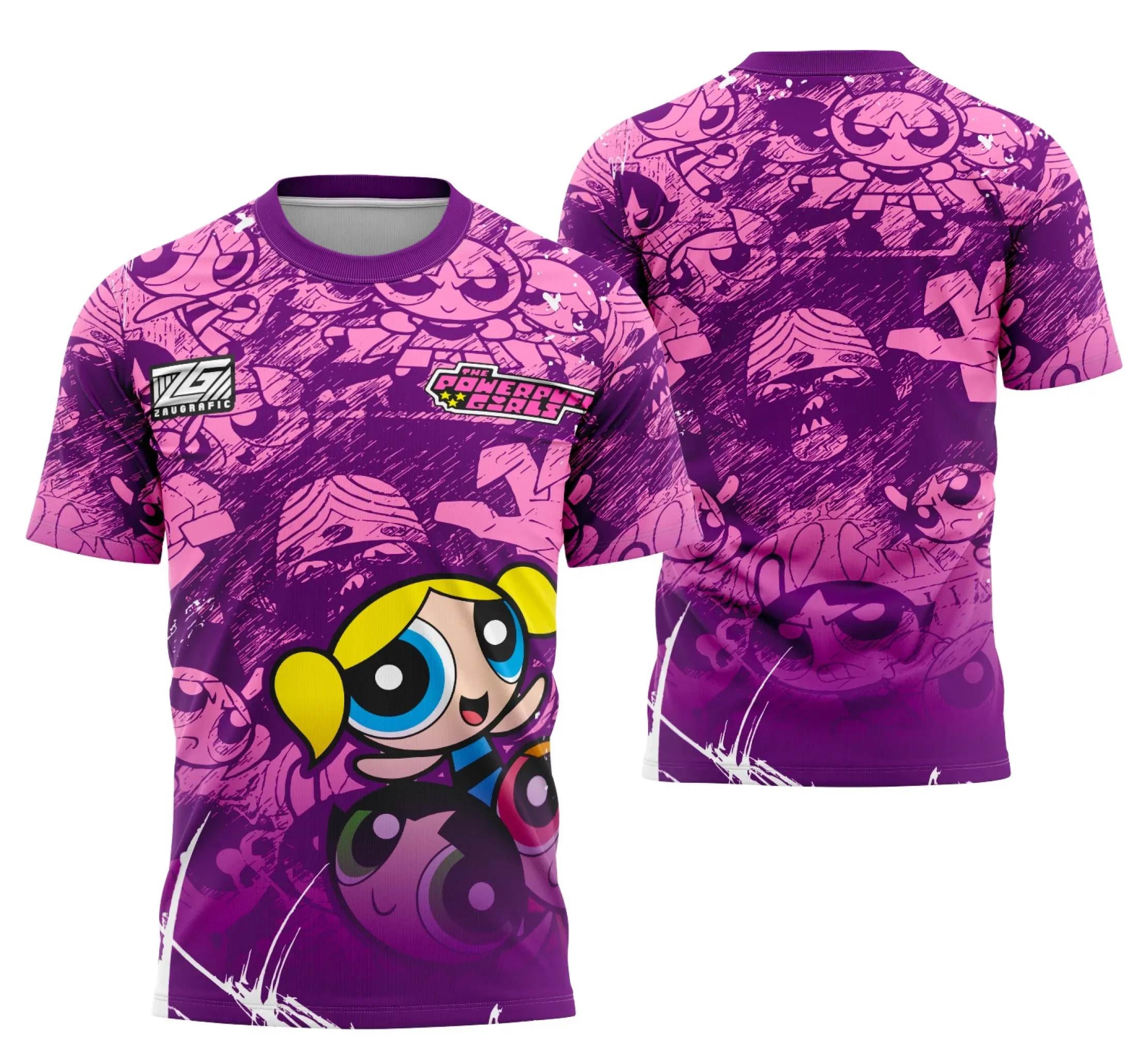 Camiseta unissex preta com logo no peito e estampa grande nas costas das Meninas Superpoderosas, tema interclasse 2025, estilo moderno e vibrante para fãs de desenhos animados.