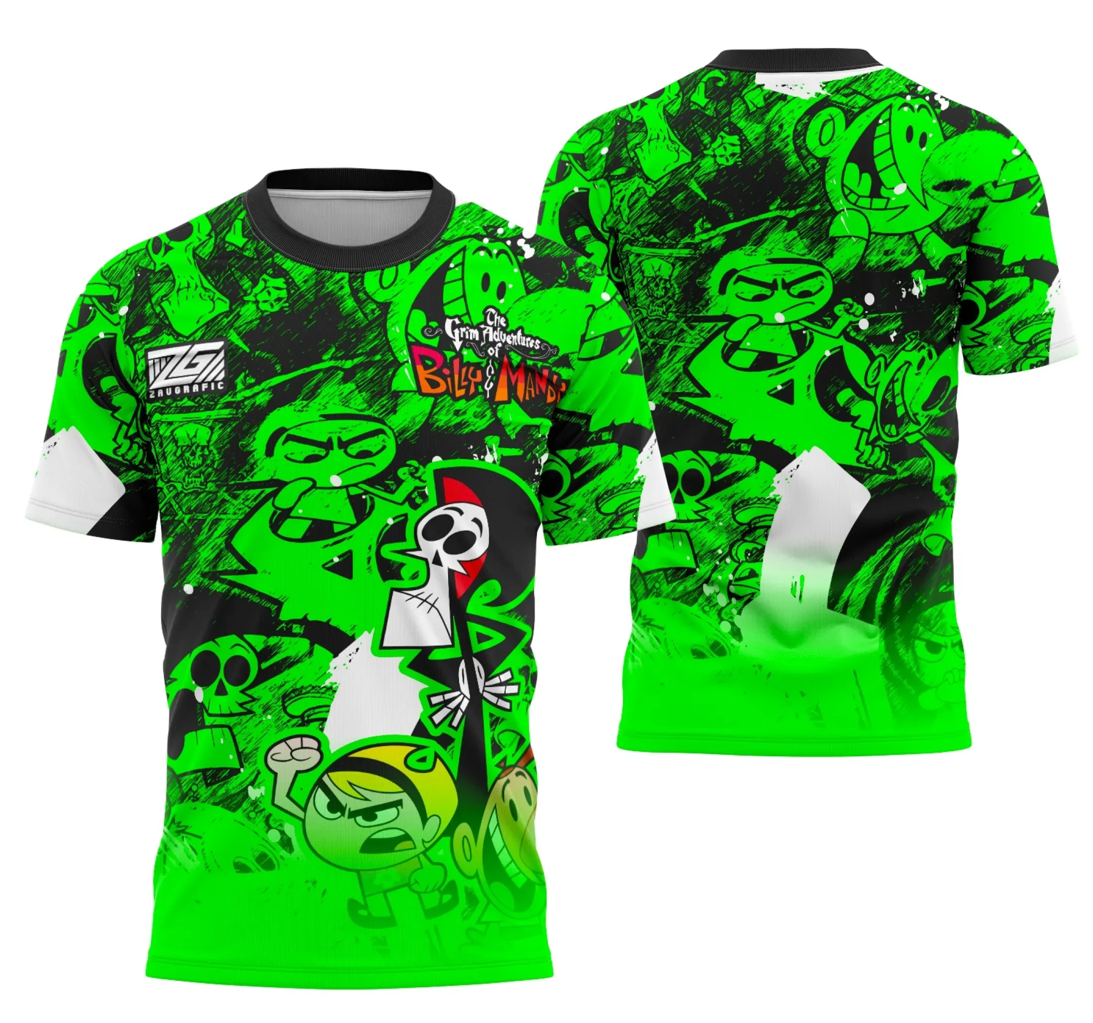 Camiseta preta unissex com logo no peito e estampa grande nas costas com tema Billy e Mandy Interclasse 2025, ideal para fãs e eventos escolares