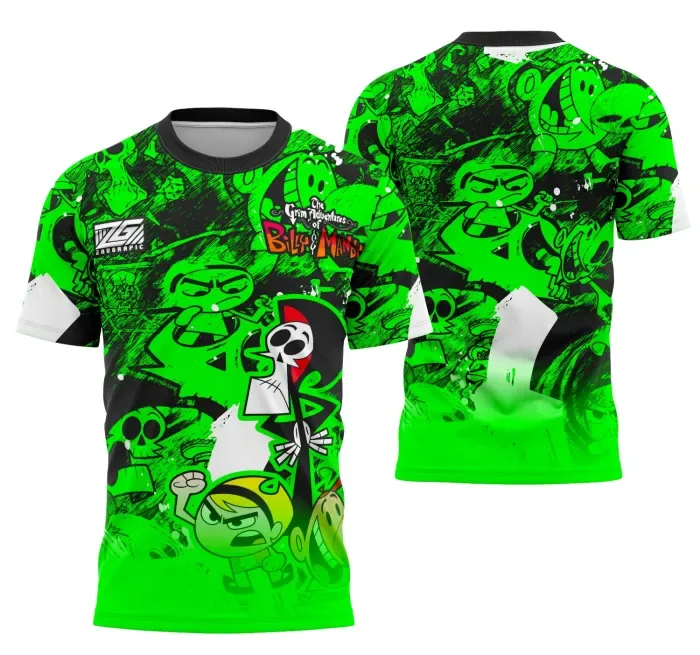 Camiseta preta unissex com logo no peito e estampa grande nas costas com tema Billy e Mandy Interclasse 2025, ideal para fãs e eventos escolares