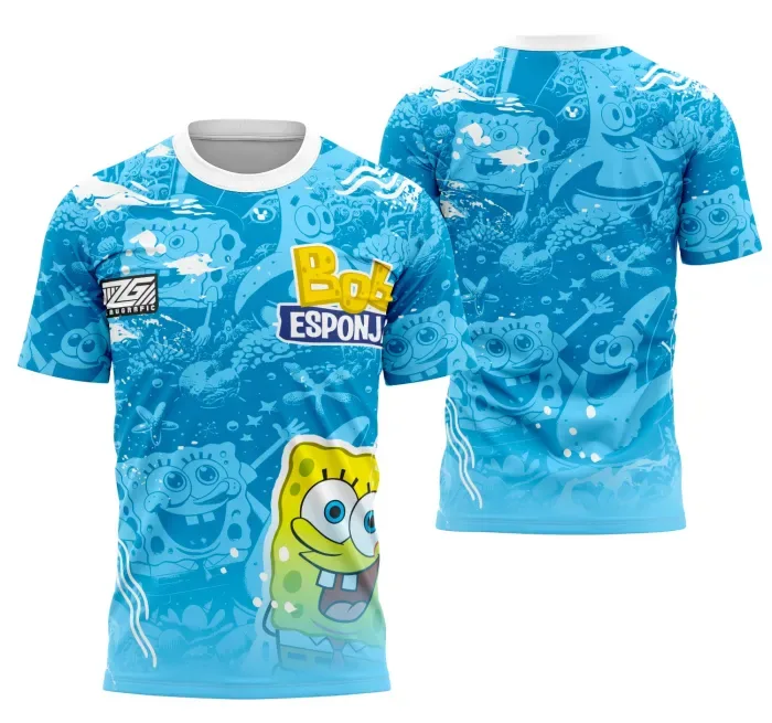 Camiseta unissex branca com logo no peito e estampa grande nas costas do tema Bob Esponja Interclasse 2025, ideal para eventos escolares e turmas.