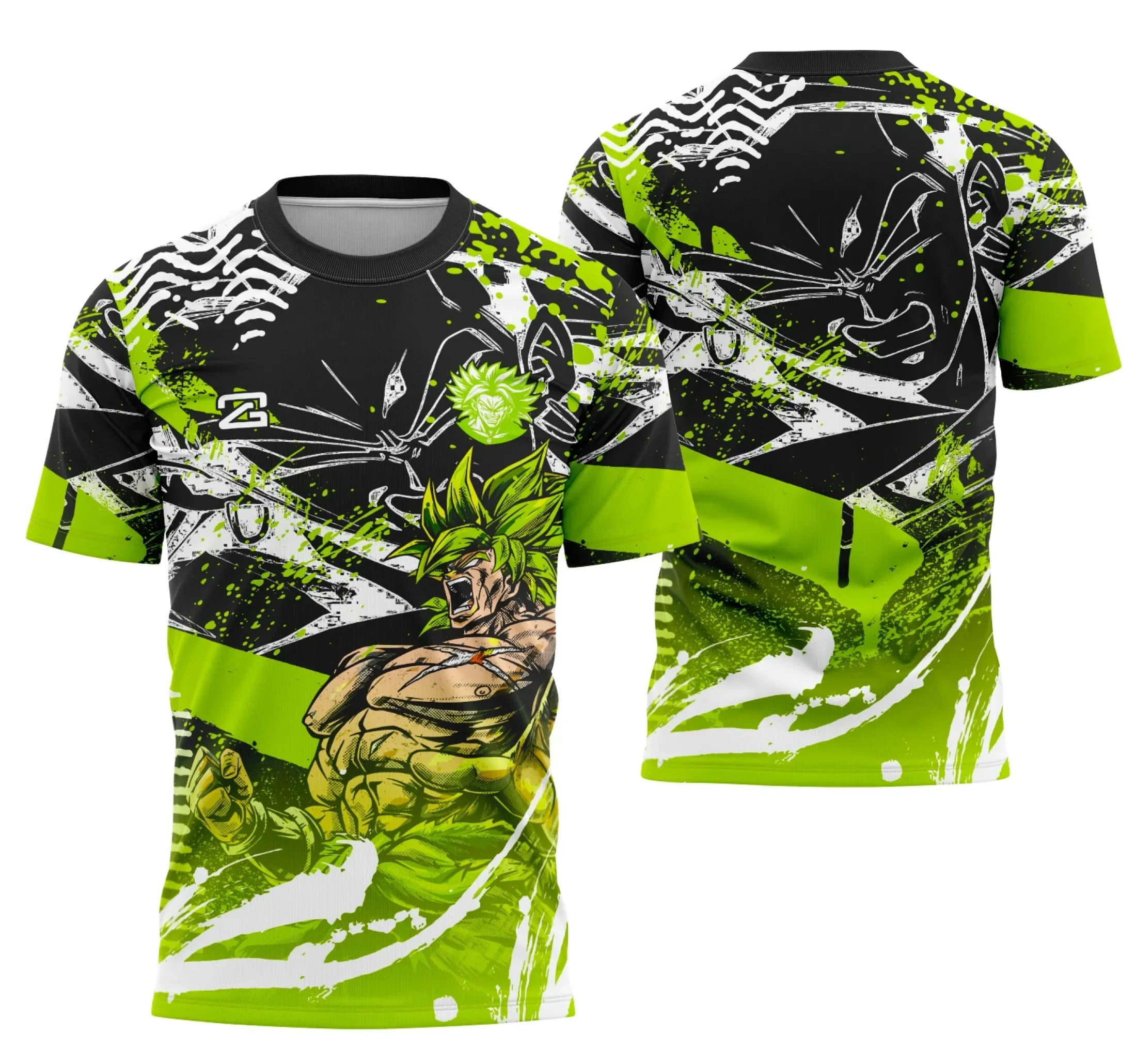 Camiseta unissex preta com logo no peito e estampa grande nas costas do personagem Broly em estilo interclasse vibrante