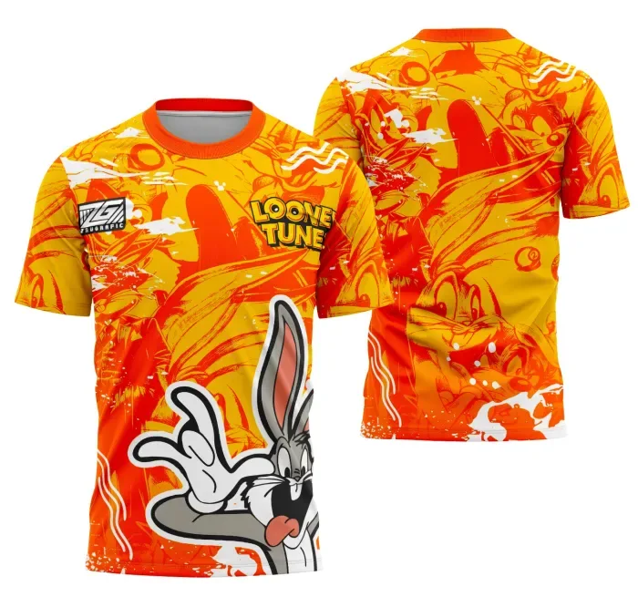 Camiseta unissex preta com logo no peito e estampa grande nas costas do Bugs Bunny Interclasse 2025, design moderno para eventos escolares.