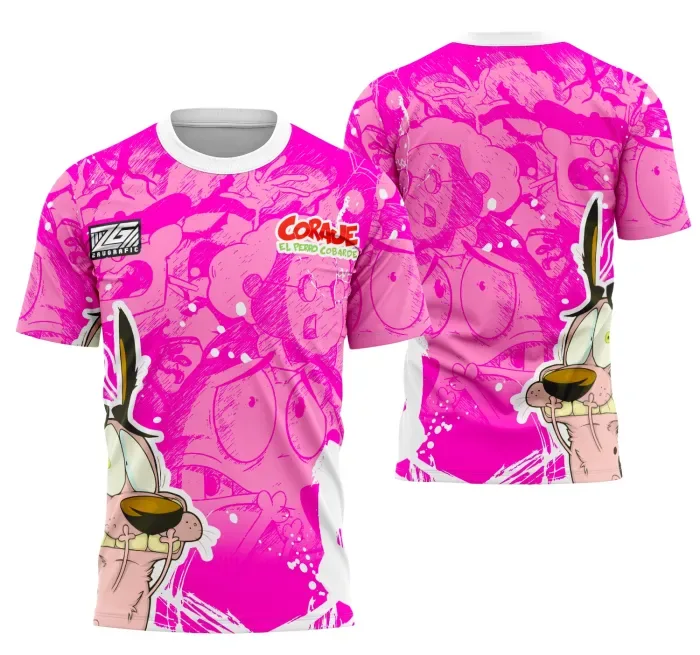 Camiseta unissex preta com logo no peito e estampa grande nas costas destacando o tema Coragem do Cachorro Interclasse 2025 em design marcante e moderno