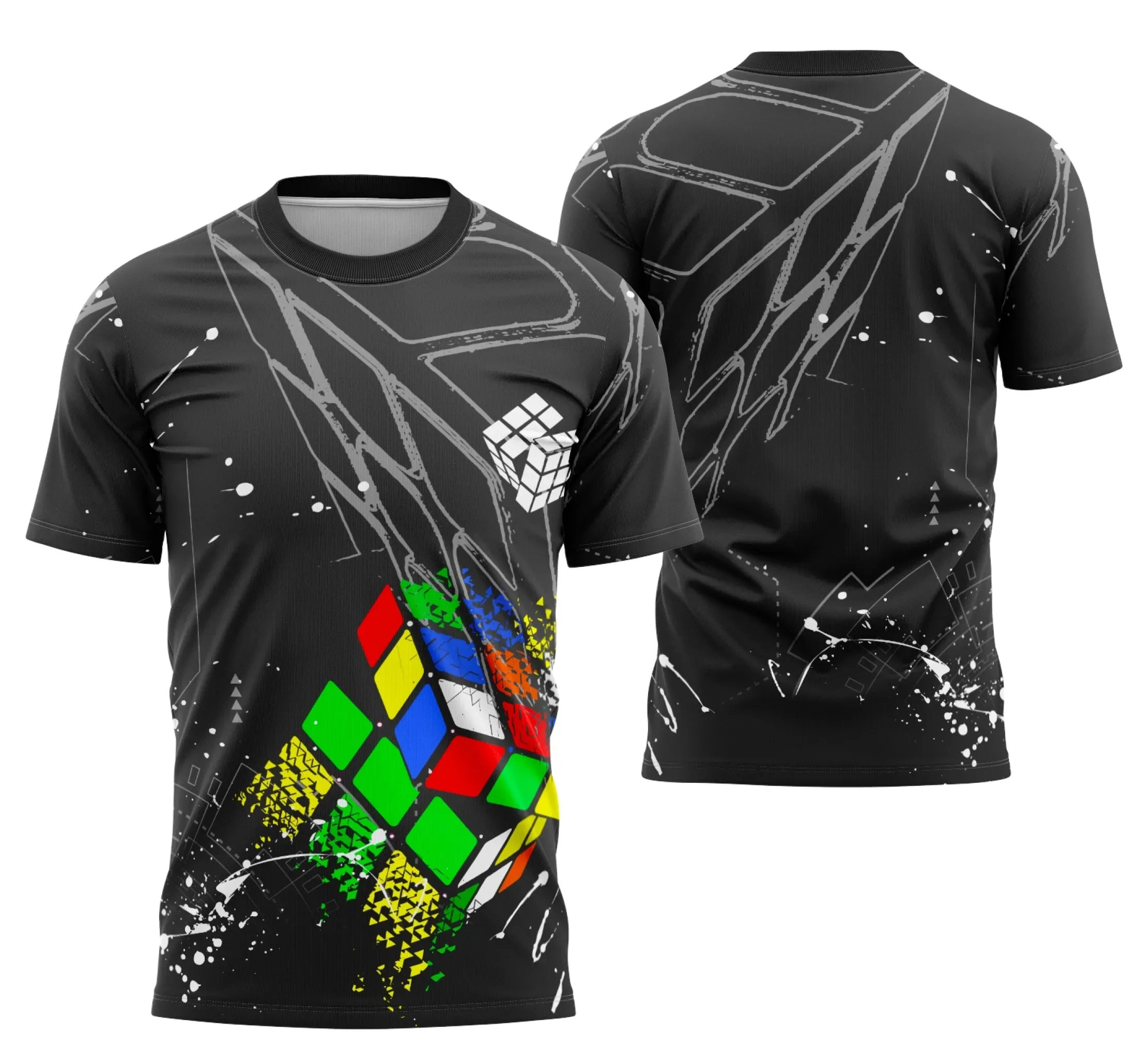 Camiseta preta unissex com logo no peito e estampa grande nas costas com tema Cubo Mágico Interclasse, visual moderno e atraente, perfeita para eventos e uso casual.