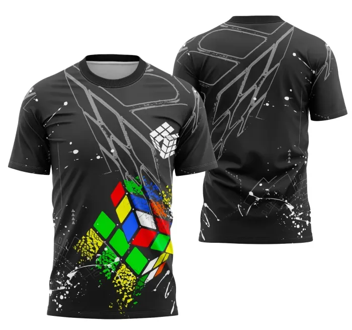 Camiseta preta unissex com logo no peito e estampa grande nas costas com tema Cubo Mágico Interclasse, visual moderno e atraente, perfeita para eventos e uso casual.