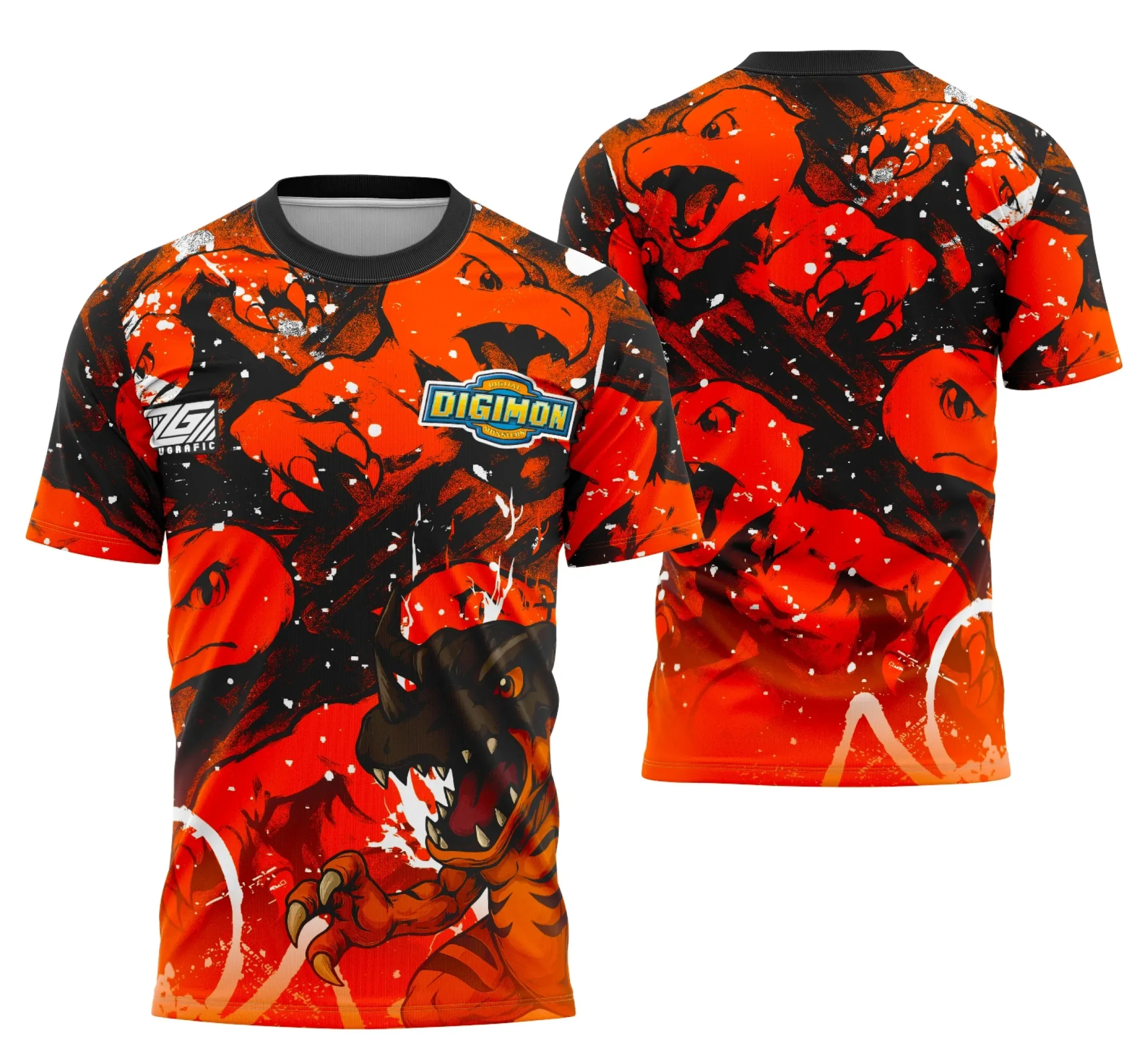 Camiseta unissex preta com logo no peito e estampa grande nas costas mostrando personagens de Digimon Interclasse 2025, estilo moderno e vibrante para fãs do tema.