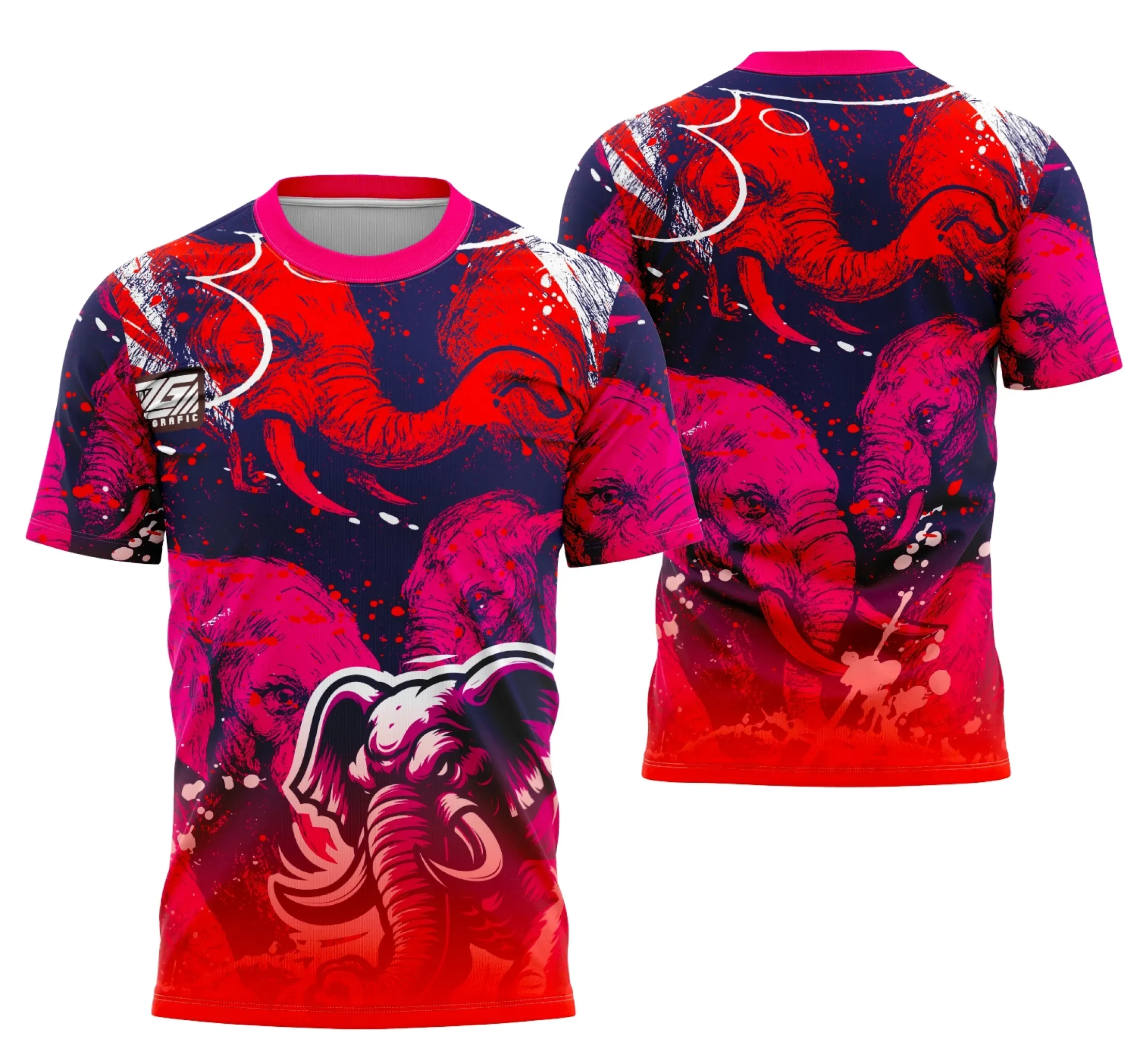 Camiseta unissex preta com logo no peito e estampa grande nas costas com tema Elefante Interclasse 2025, ideal para quem busca estilo e conforto em eventos escolares.