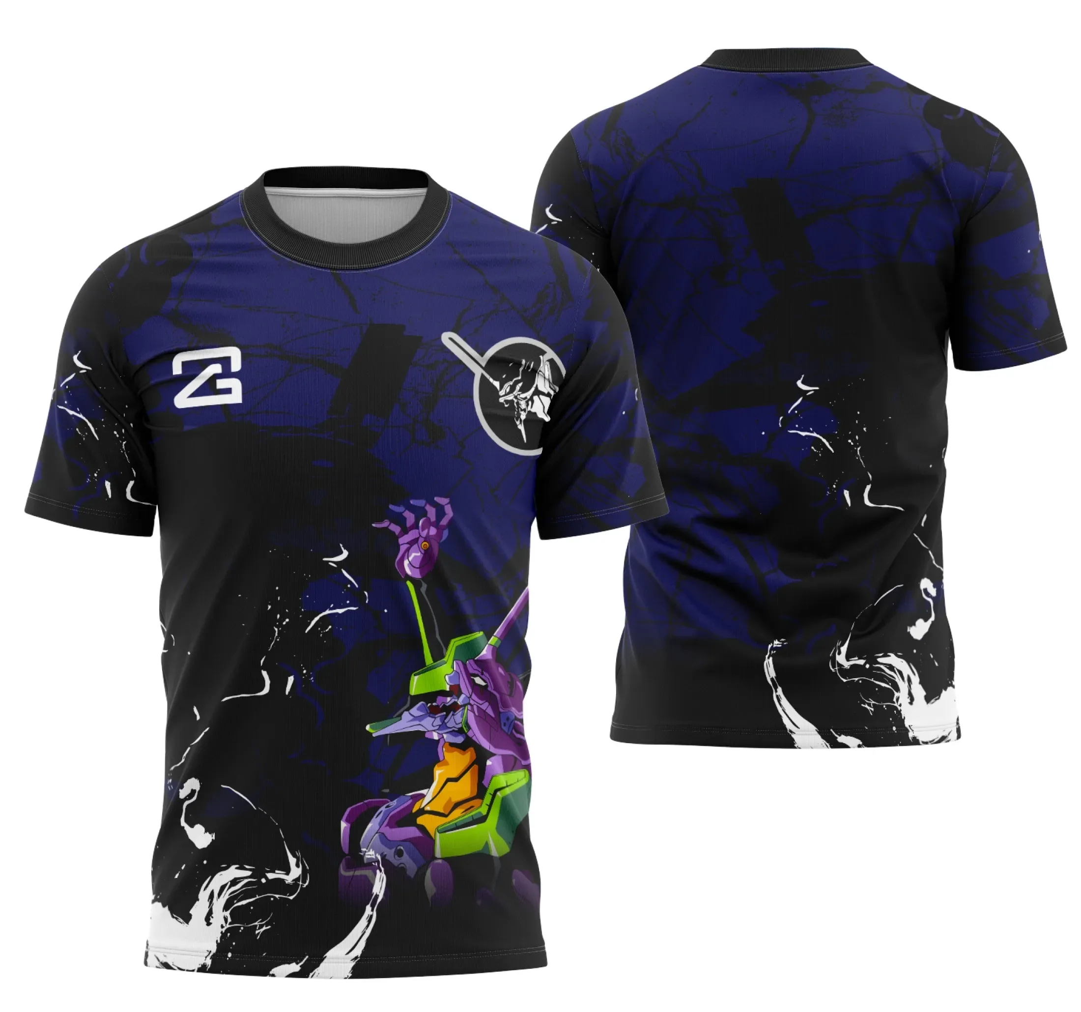 Camiseta preta unissex com logo no peito e estampa grande nas costas com tema Eva01 Evangelion Interclasse, design impactante e moderno para fãs da série.