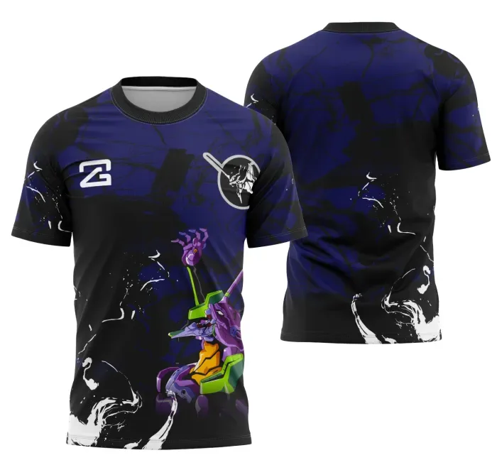 Camiseta preta unissex com logo no peito e estampa grande nas costas com tema Eva01 Evangelion Interclasse, design impactante e moderno para fãs da série.