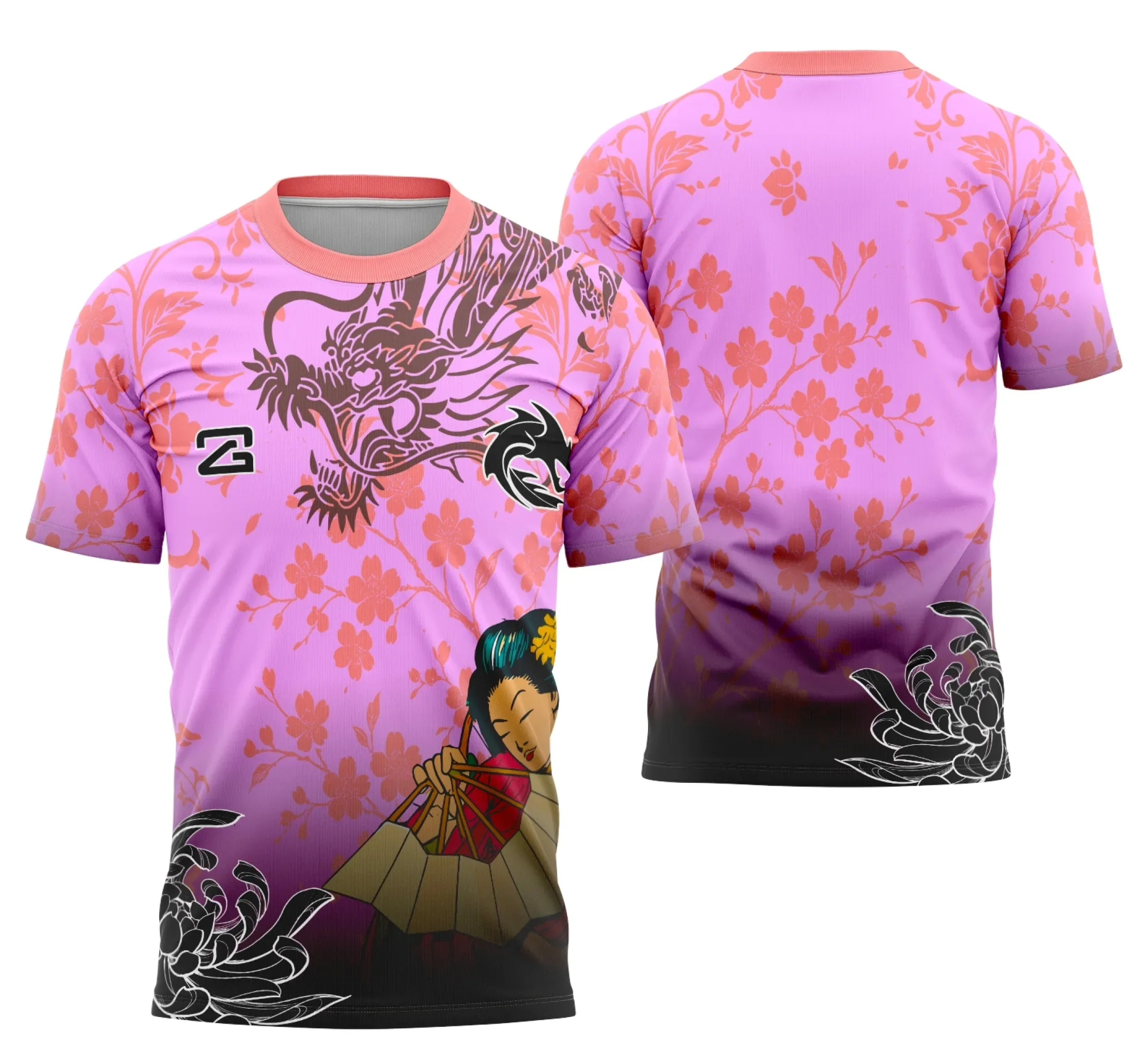 Camiseta unissex preta com logo no peito e estampa grande nas costas, destacando o tema Geisha Interclasse, perfeita para quem busca estilo marcante e original.
