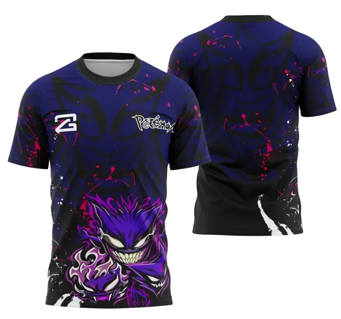 Camiseta unissex preta com logo no peito e estampa grande nas costas baseada no tema Gengar Interclasse, ideal para fãs e eventos escolares.