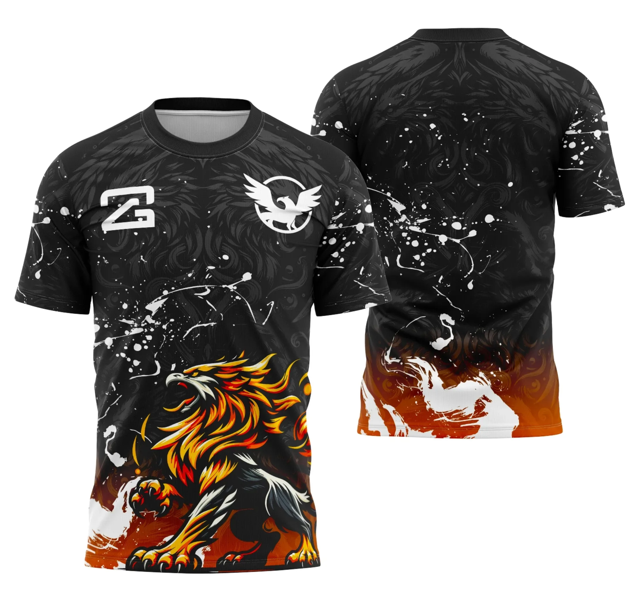 Camiseta unissex preta com logo no peito e estampa grande nas costas, tema Griffo Interclasse, ideal para eventos e times escolares, com visual moderno e vibrante.