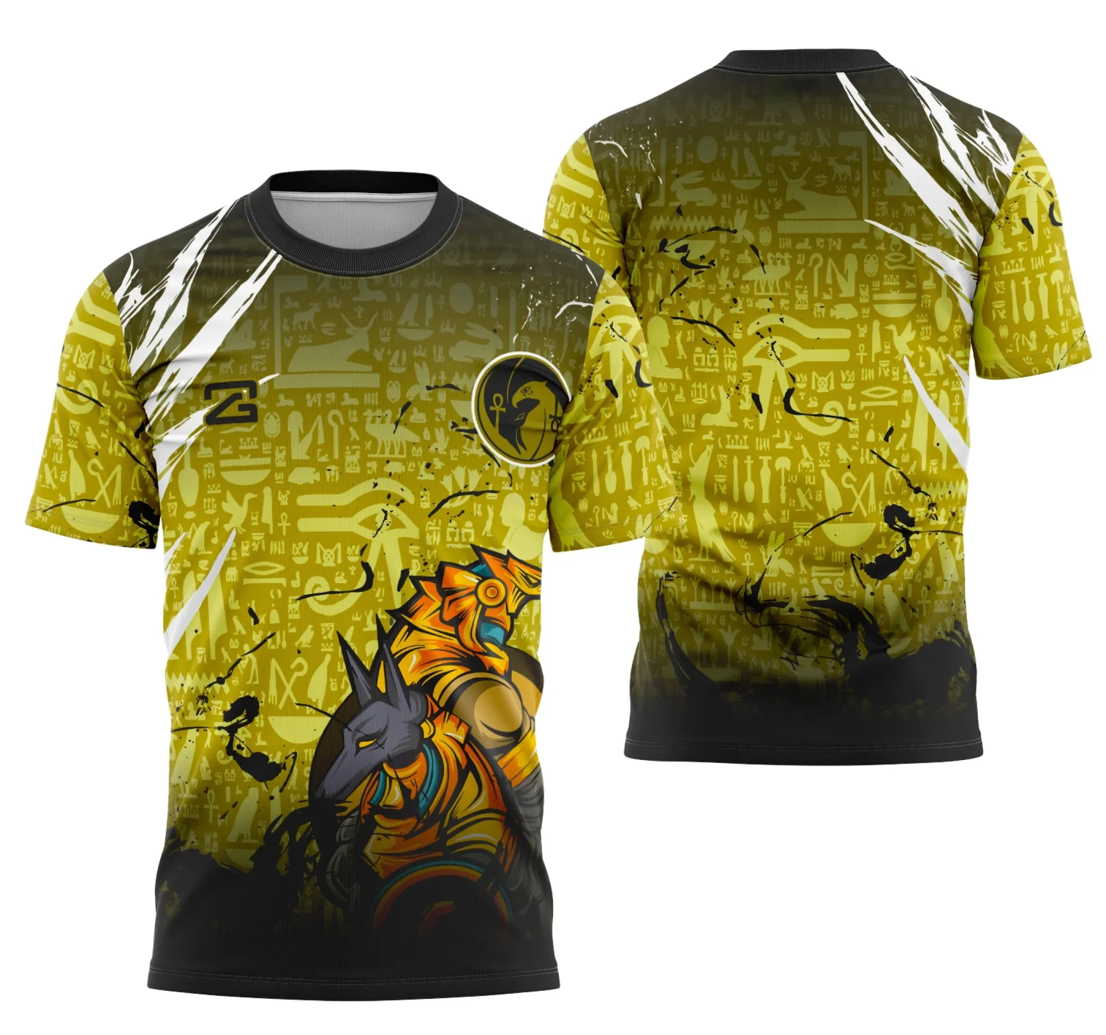 Camiseta unissex preta com logo no peito e estampa grande nas costas inspirada no tema Horus Interclasse, perfeita para quem busca estilo e identidade em camisas personalizadas.