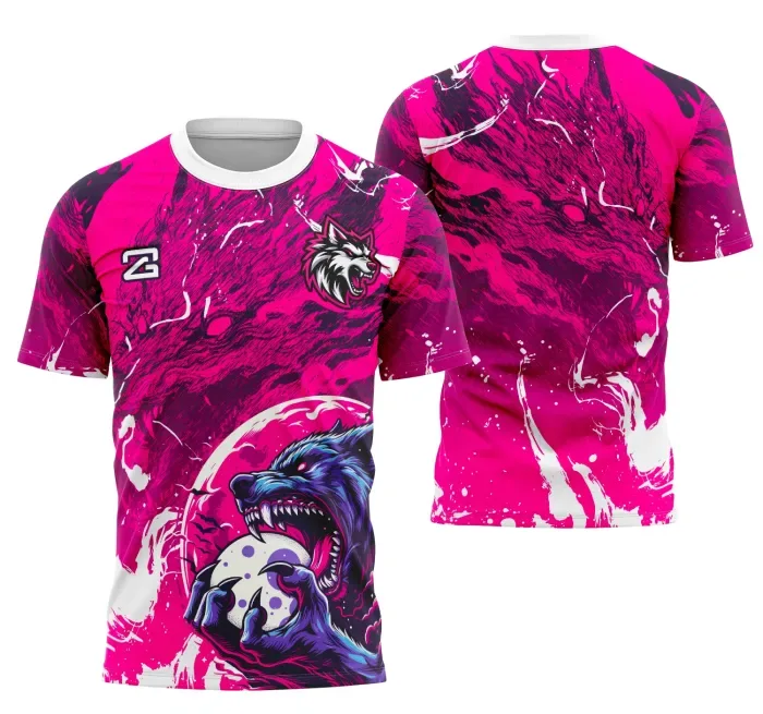 Camiseta unissex preta com logo no peito e estampa grande nas costas com tema LOBO Pink da Coleção Interclasse, ideal para eventos escolares e uso casual.